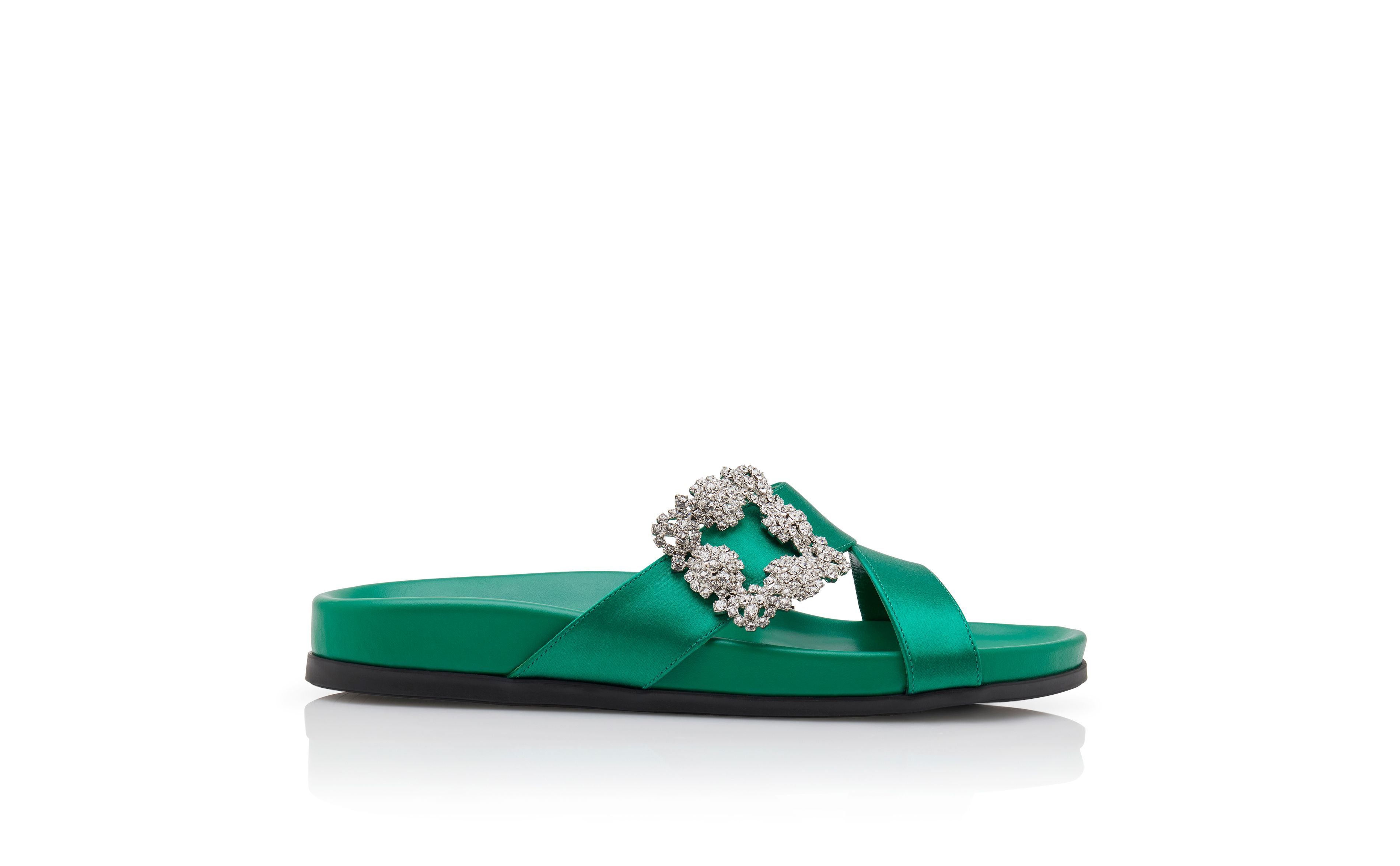 Designer Green Satin Jewel Buckle Flat Mules - Image thumbnail