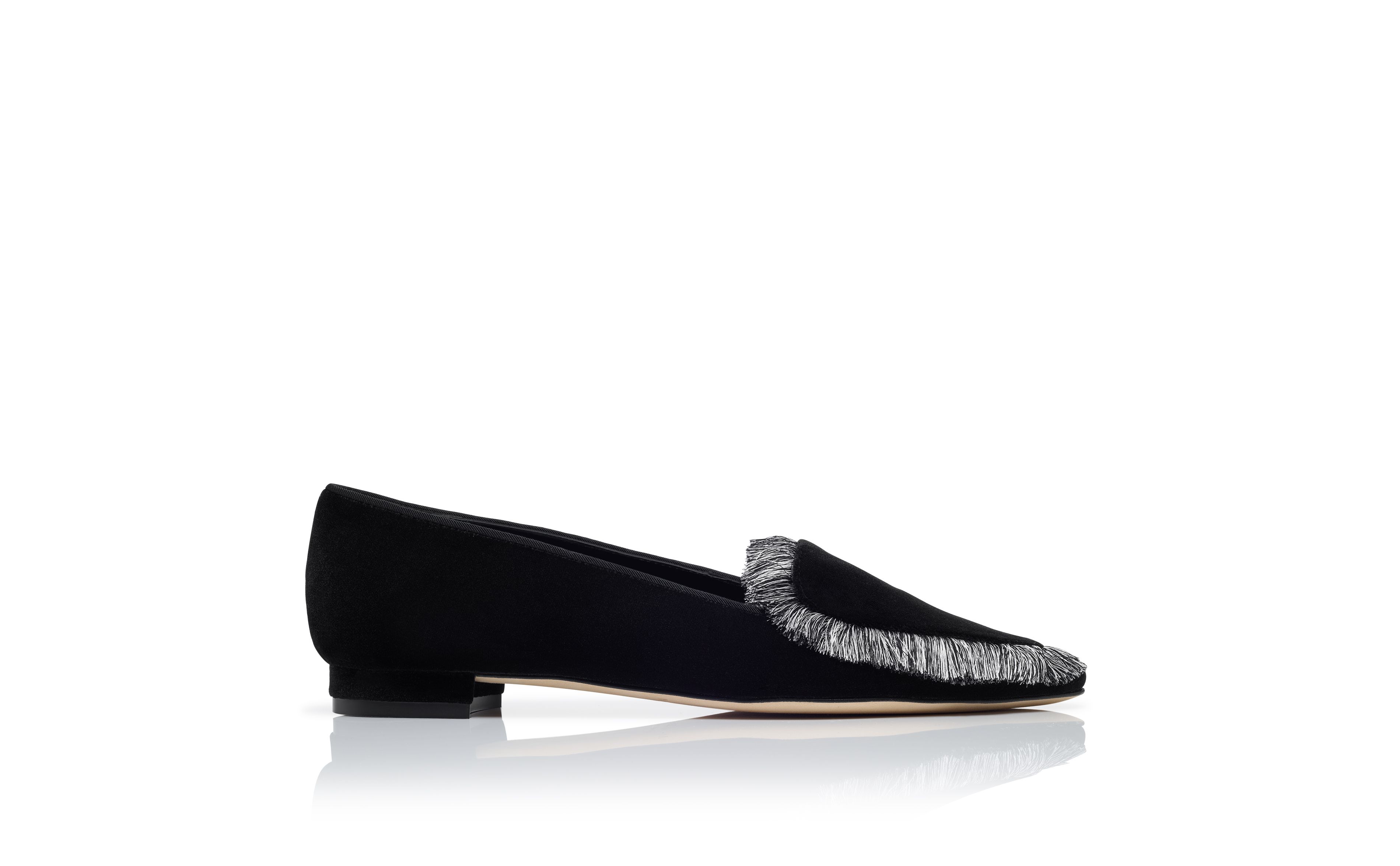Designer Black Velvet Fringe Detail Loafers - Image Side View