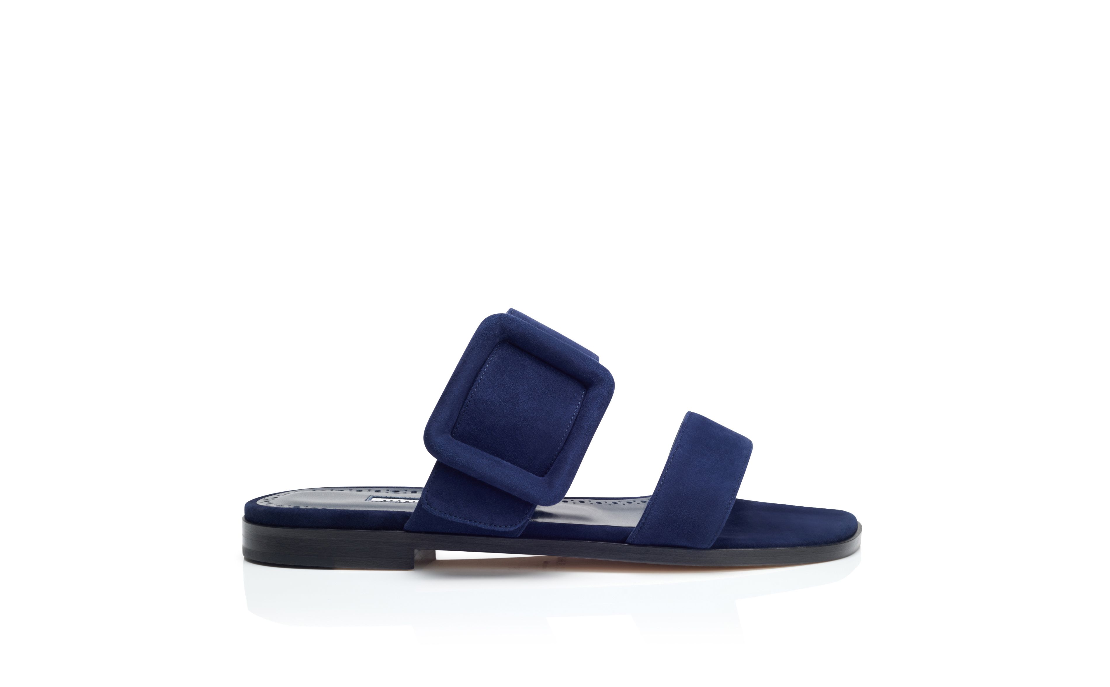 Designer Navy Blue Suede Flat Sandals - Image Side View