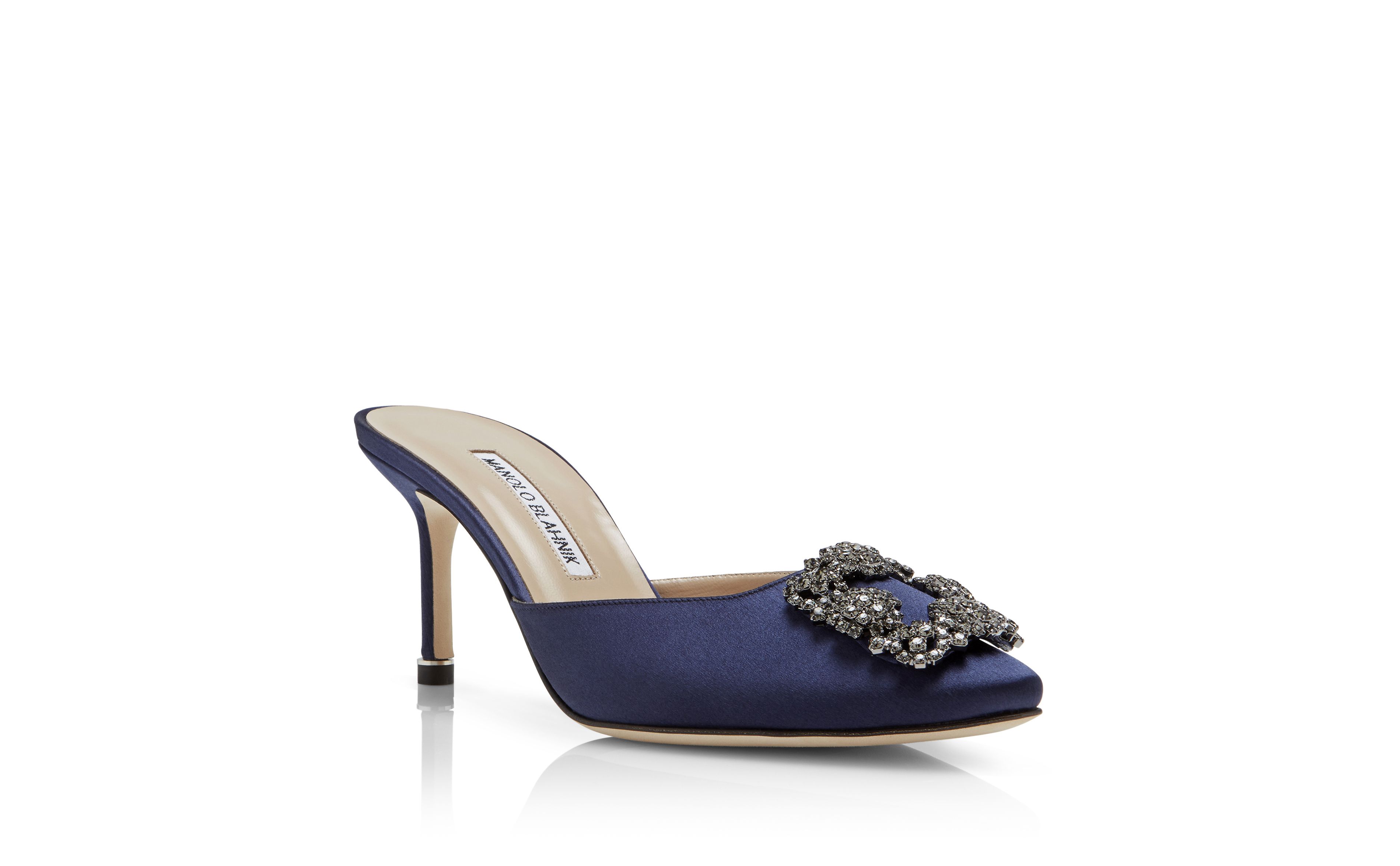 Designer Navy Blue Satin Jewel Buckle Mules - Image Upsell