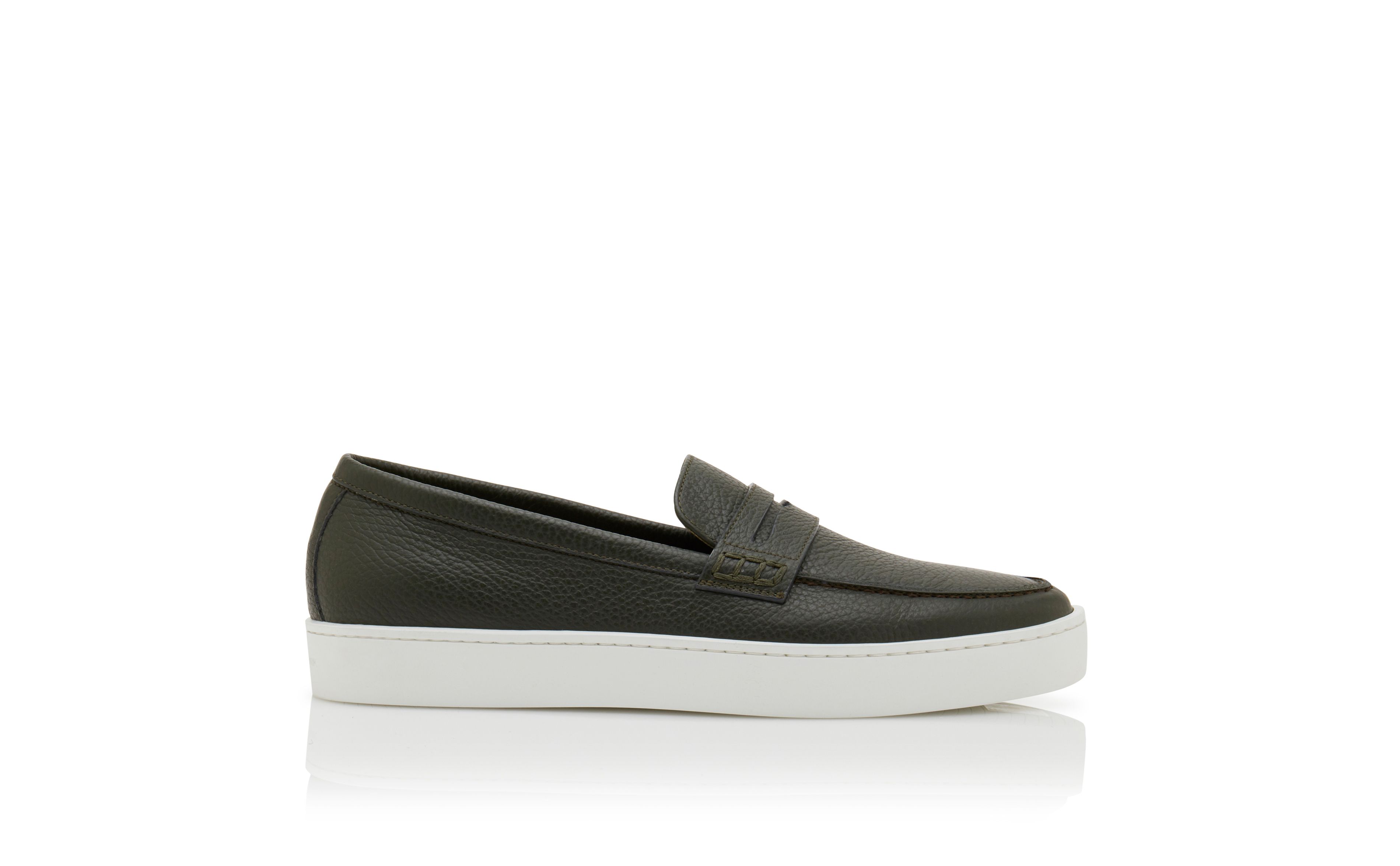 Designer Dark Green Calf Leather Slip-On Loafers - Image Side View