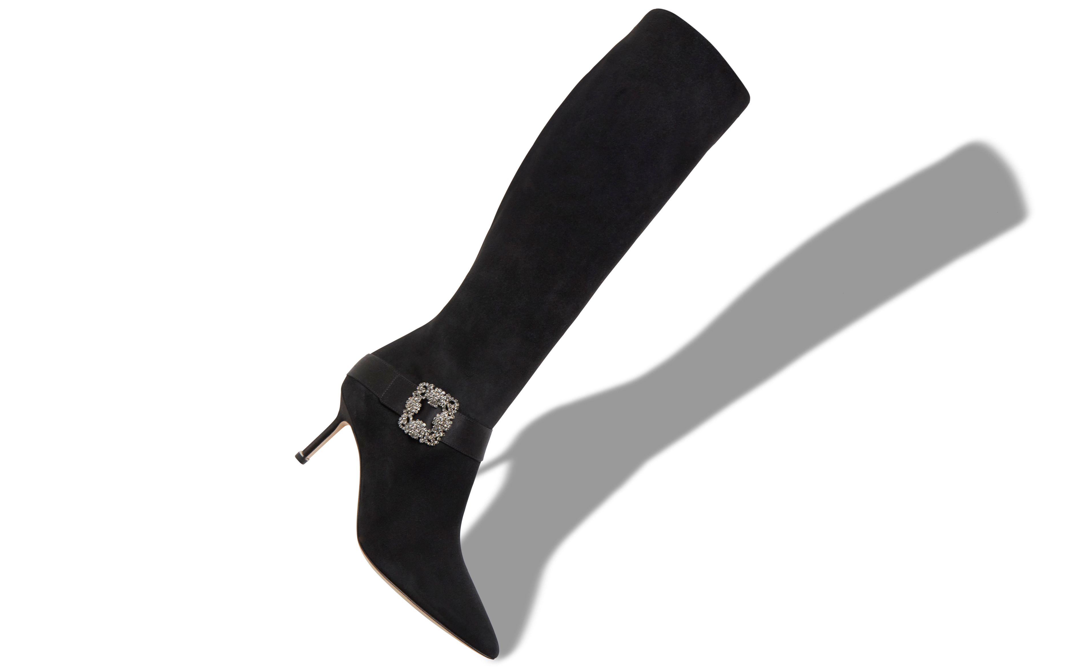 Designer Black Suede Jewel Buckle Knee High Boots  - Image Main