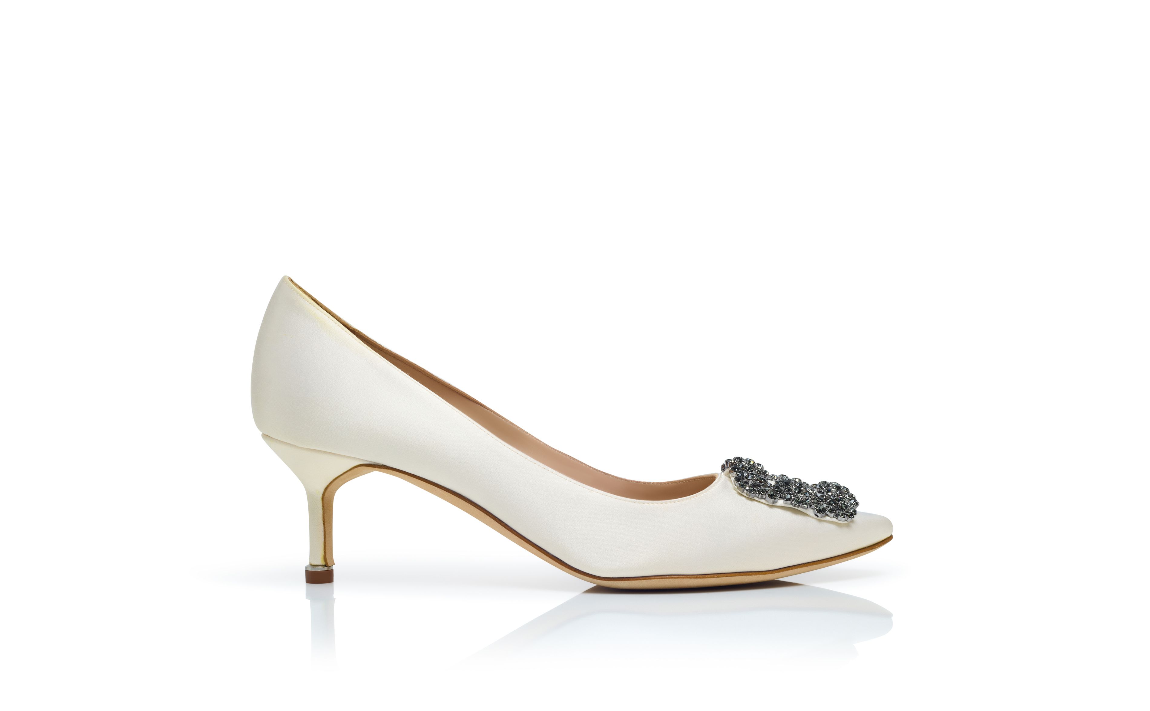 Designer White Satin Jewel Buckle Pumps - Image Side View