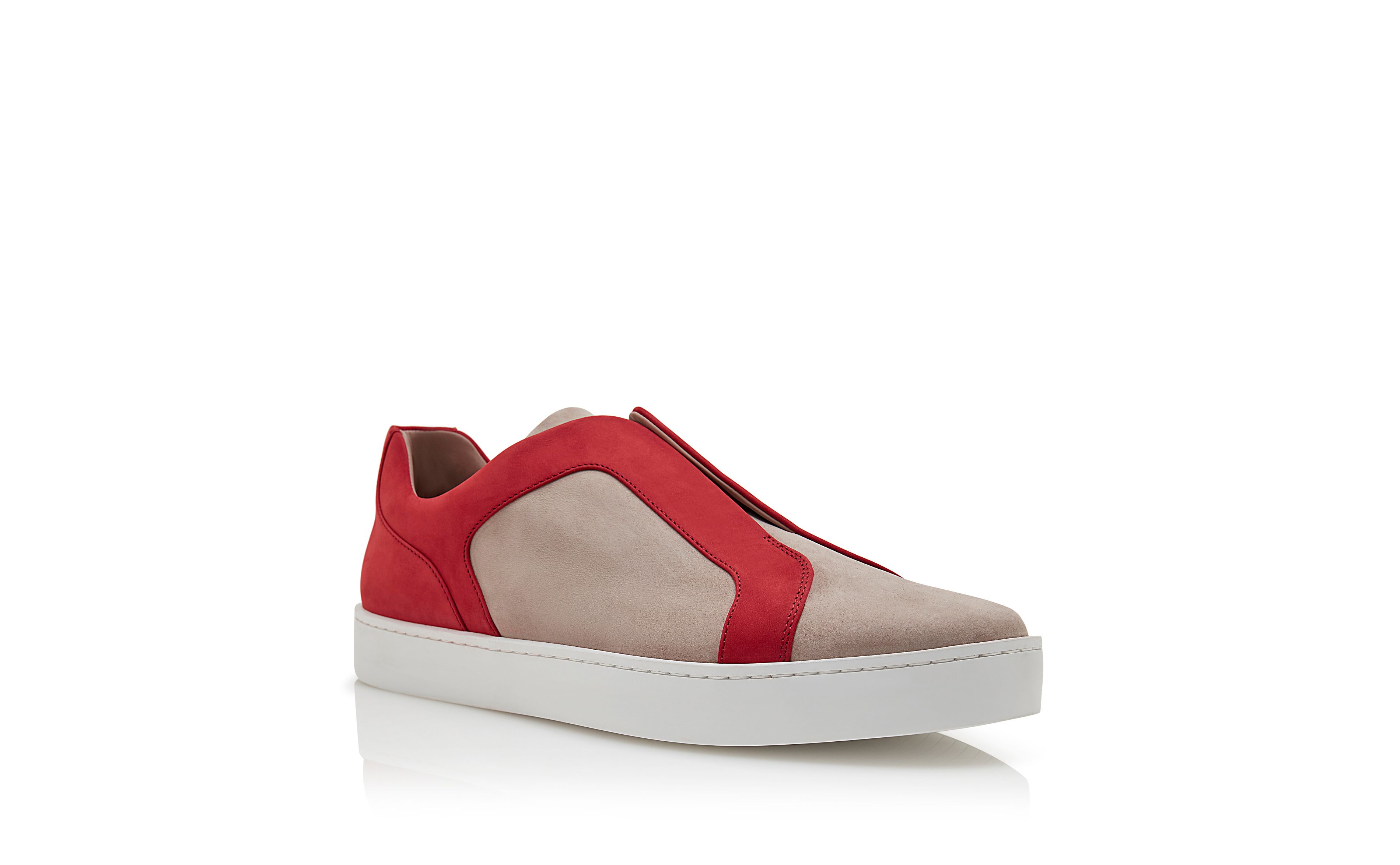 Designer Grey and Red Calf Leather Low Cut Sneakers - Image Upsell