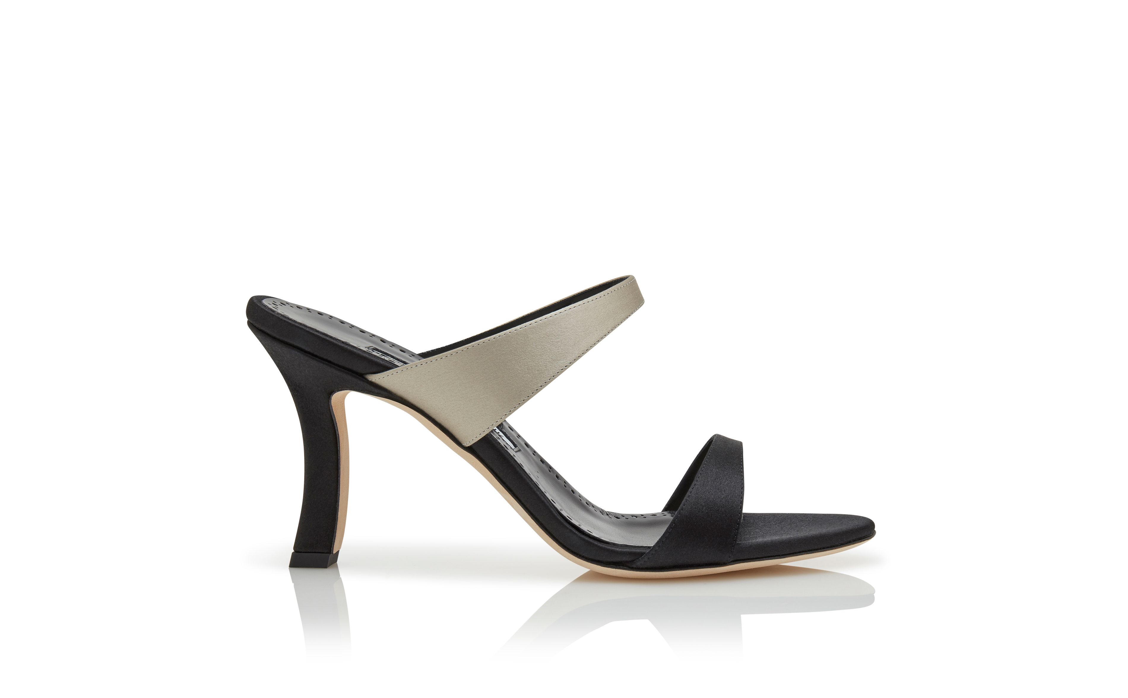Designer Black and Grey Satin Mules - Image Side View