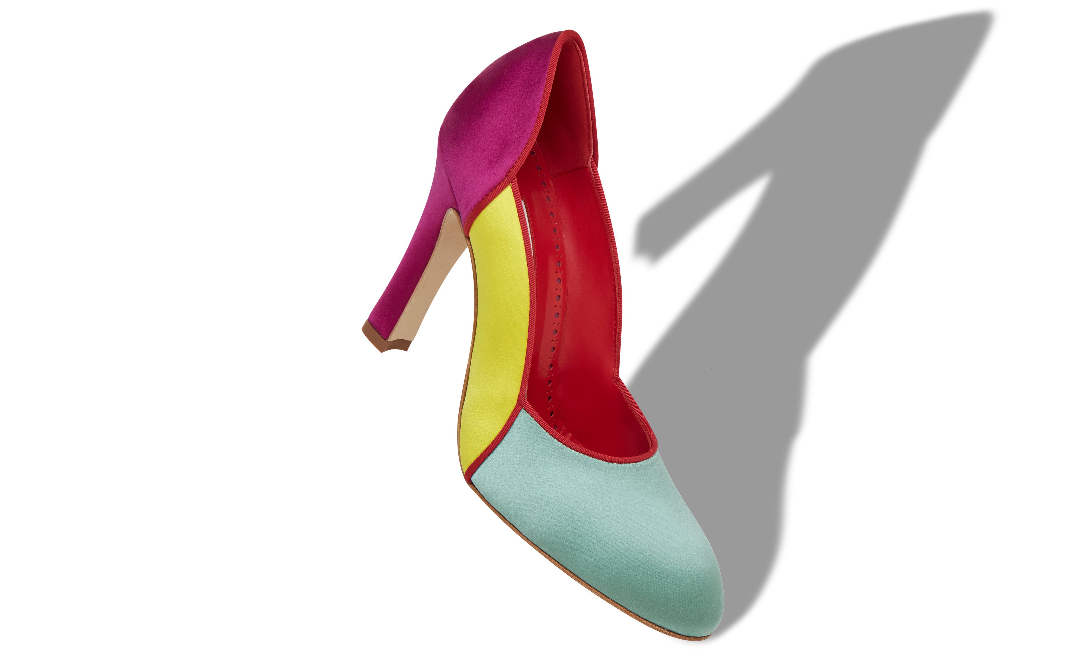 Designer Teal, Yellow and Pink Satin Scalloped Pumps - Image Main