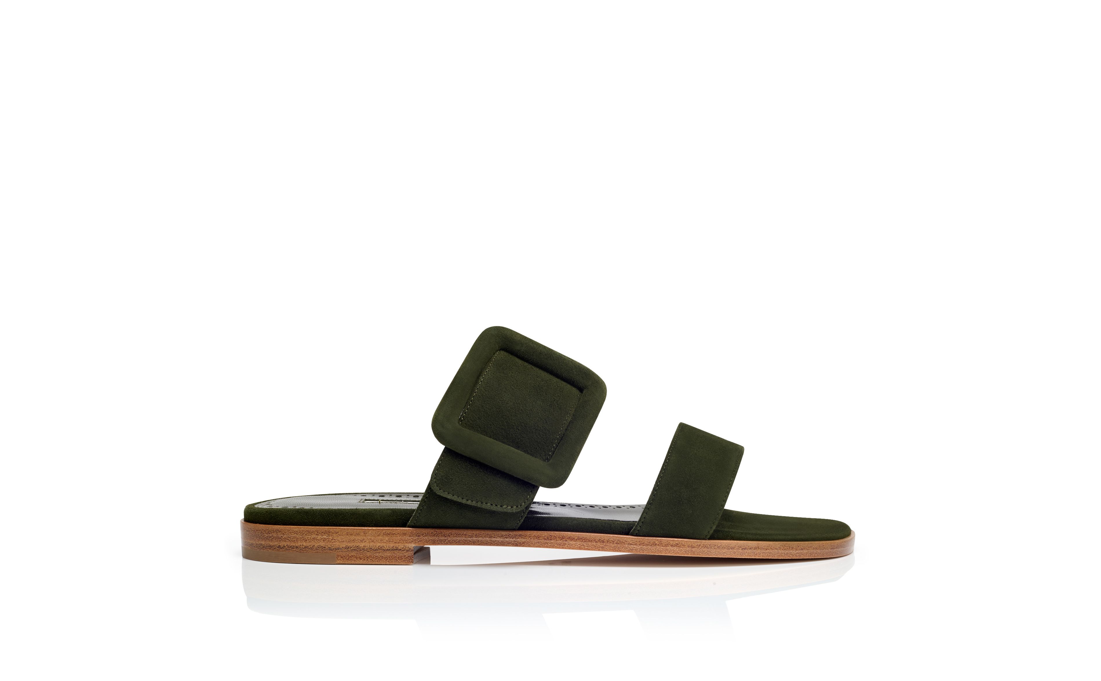 Designer Dark Green Suede Flat Sandals - Image Side View