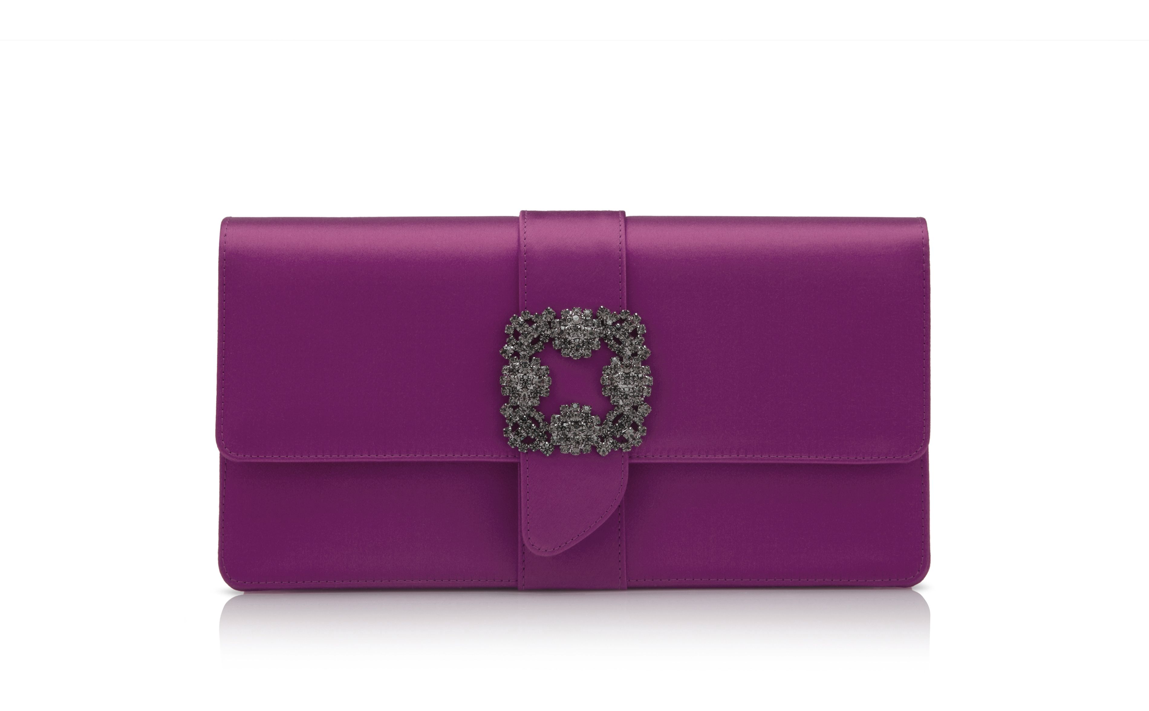 Designer Dark Fuchsia Satin Jewel Buckle Clutch - Image Side View