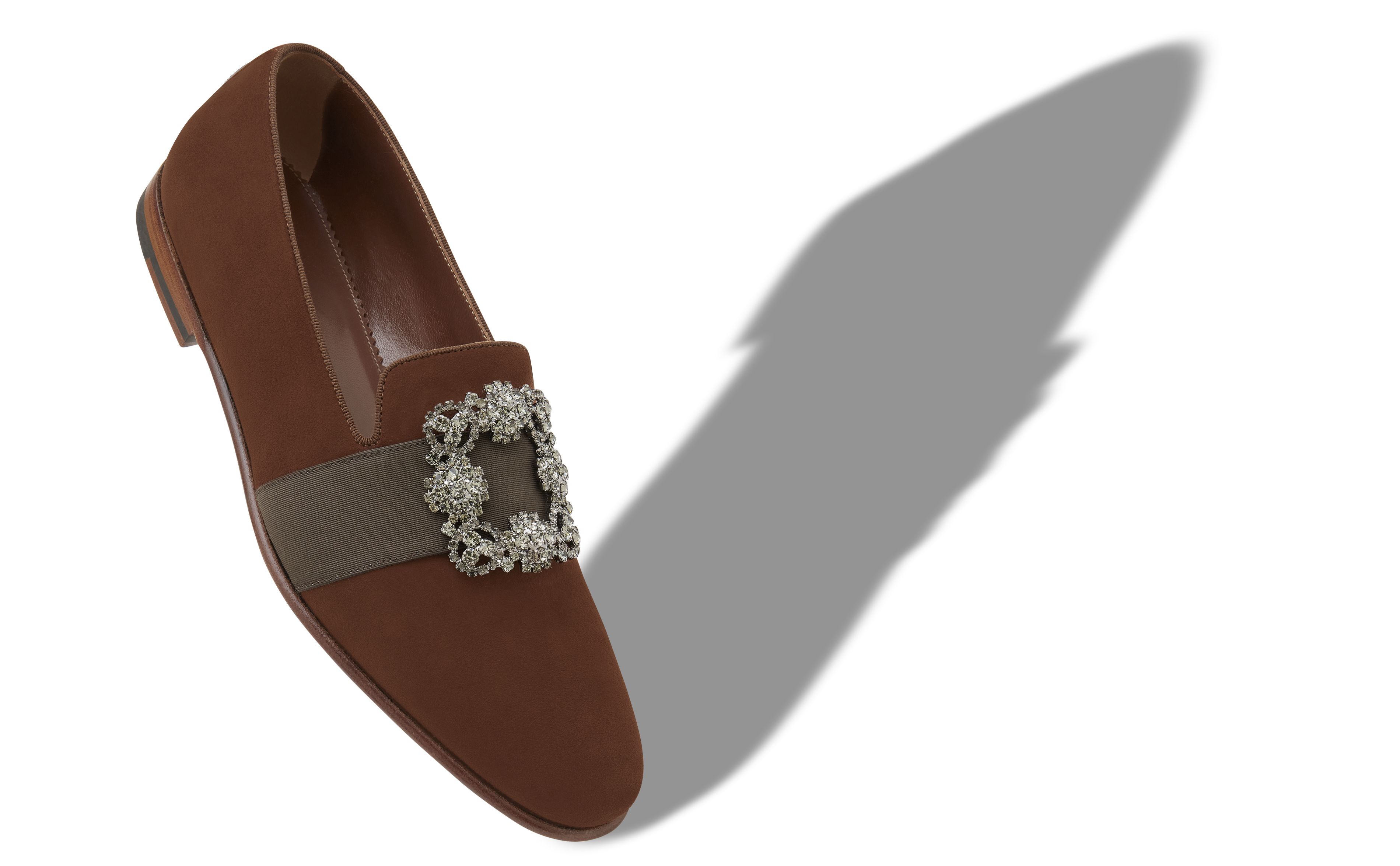 Designer Brown Suede Jewel Buckle Loafers - Image Main