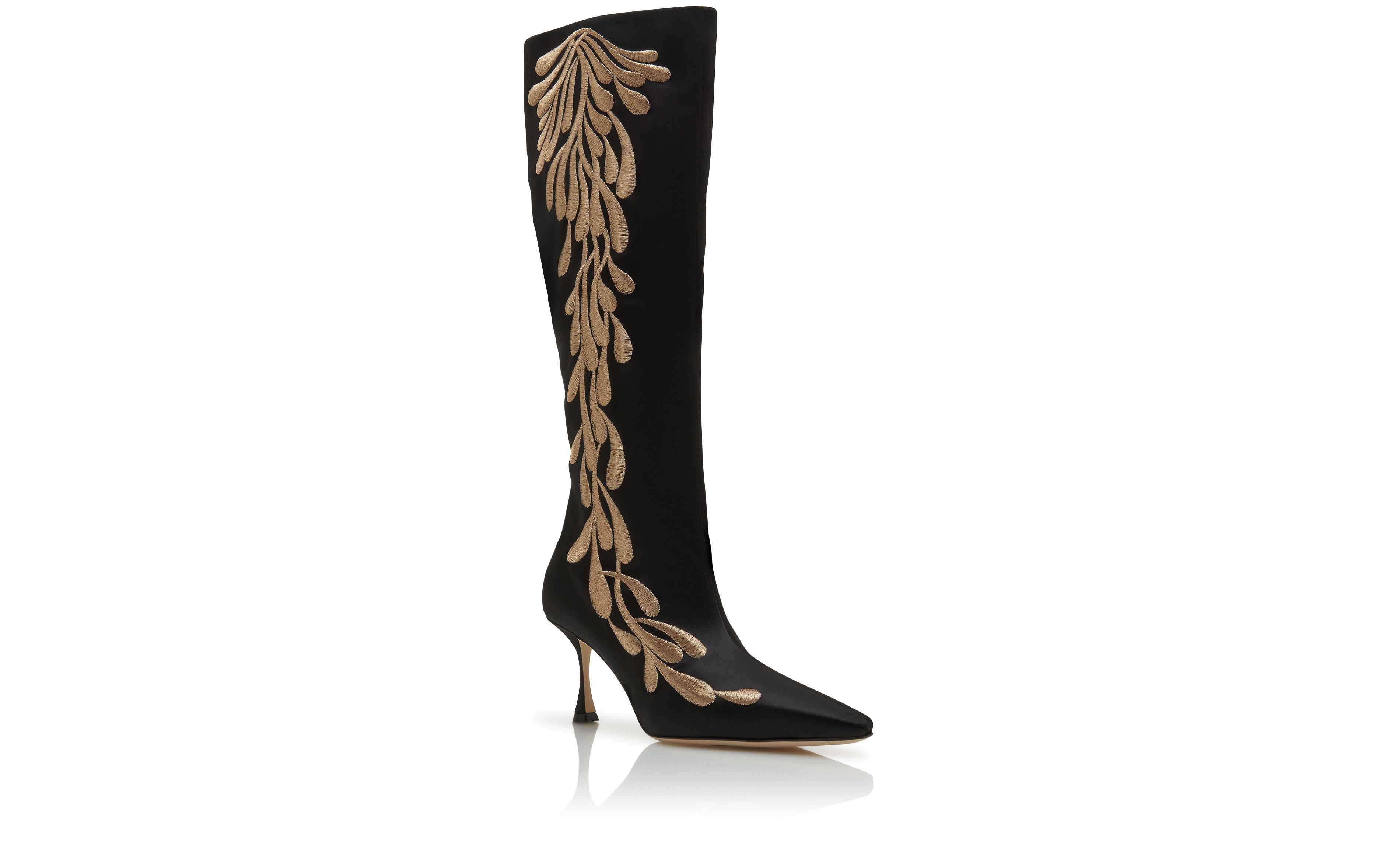 Designer Black and Gold Satin Knee High Boots - Image Upsell View