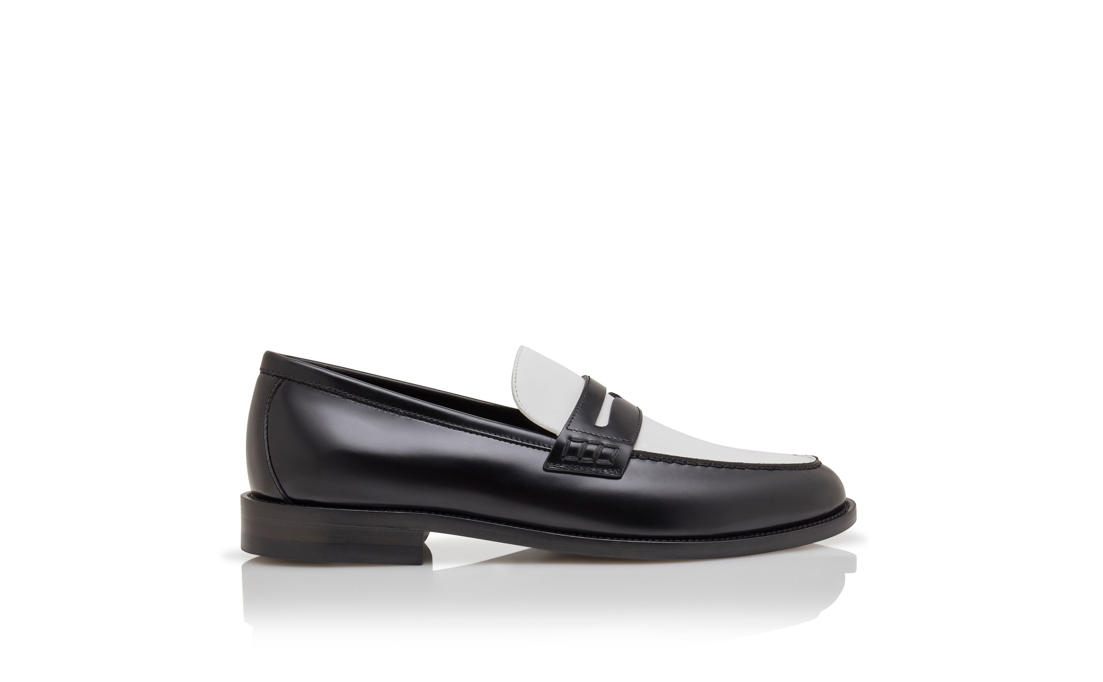Designer Black and White Calf Leather Penny Loafers - Image Side View