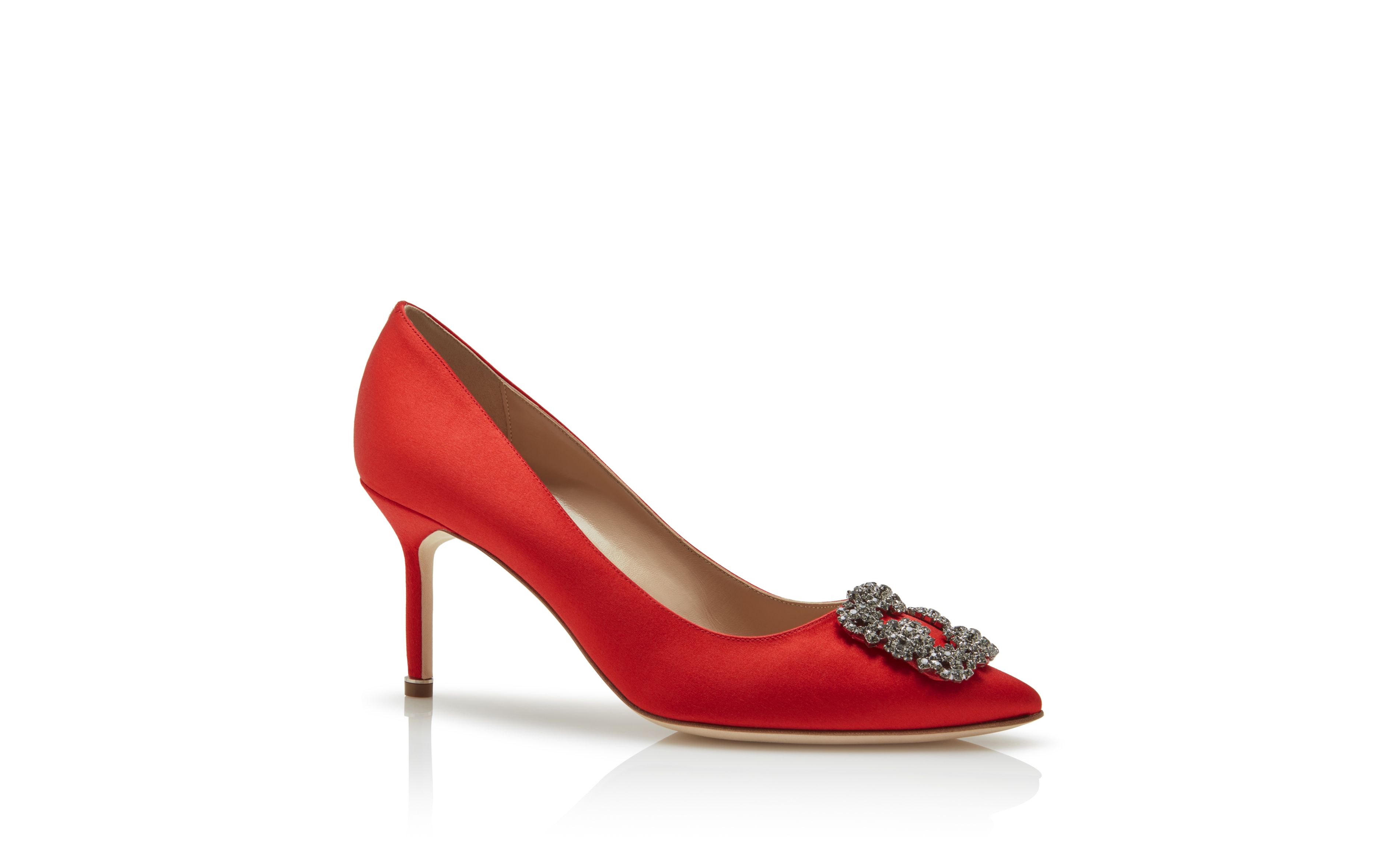 Designer Red Satin Jewel Buckle Pumps - Image Upsell