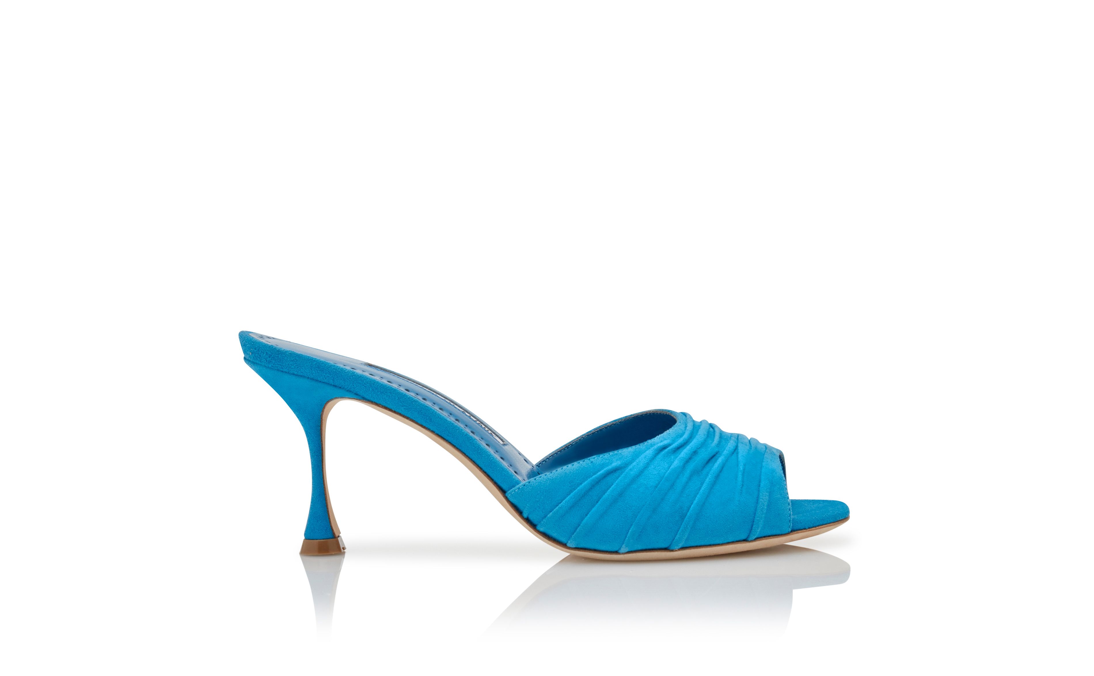 PIRUA | Blue Suede Ruched Open Toe Mules | Manolo Blahnik