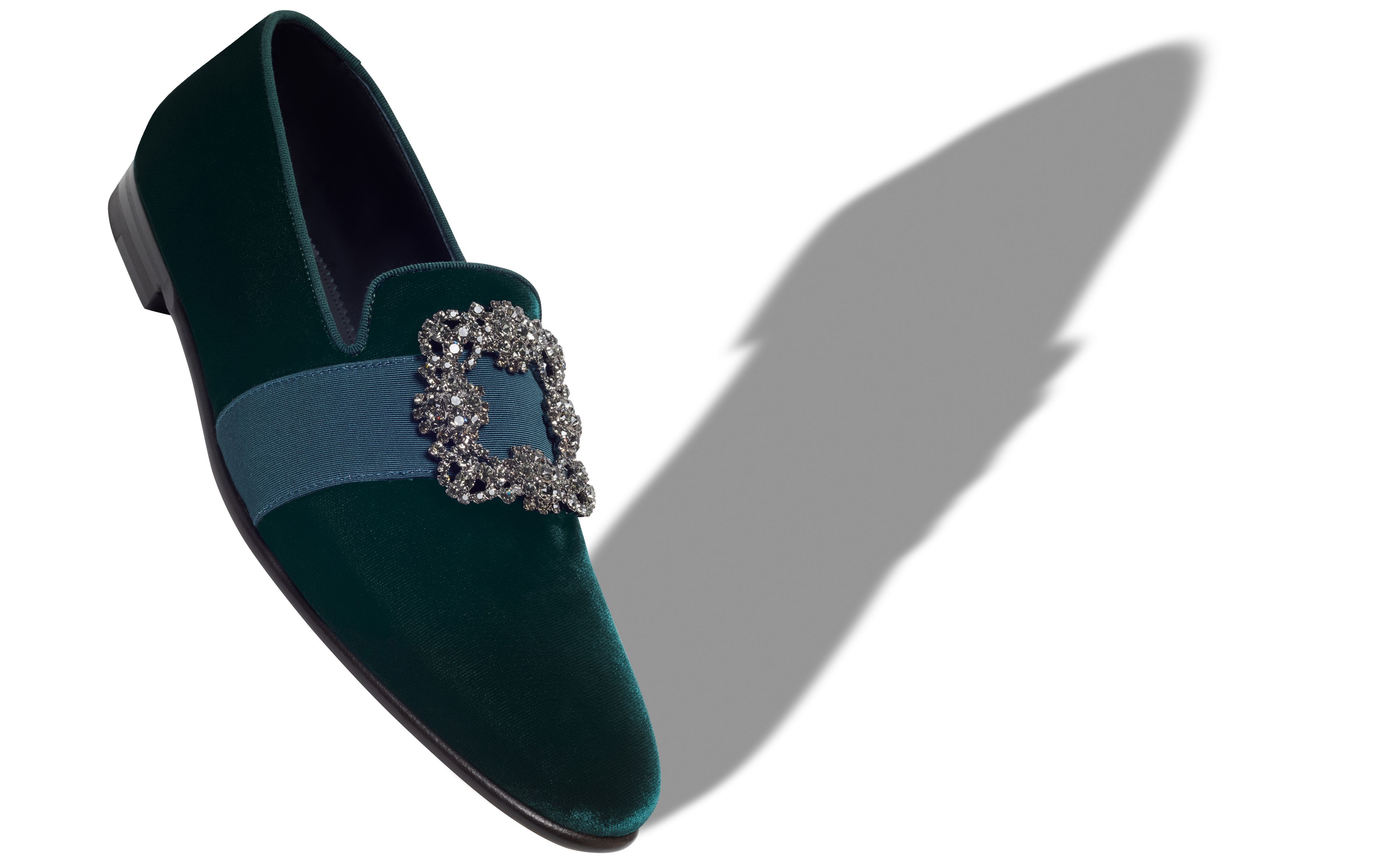 Designer Green Velvet Jewel Buckle Loafers - Image Main View