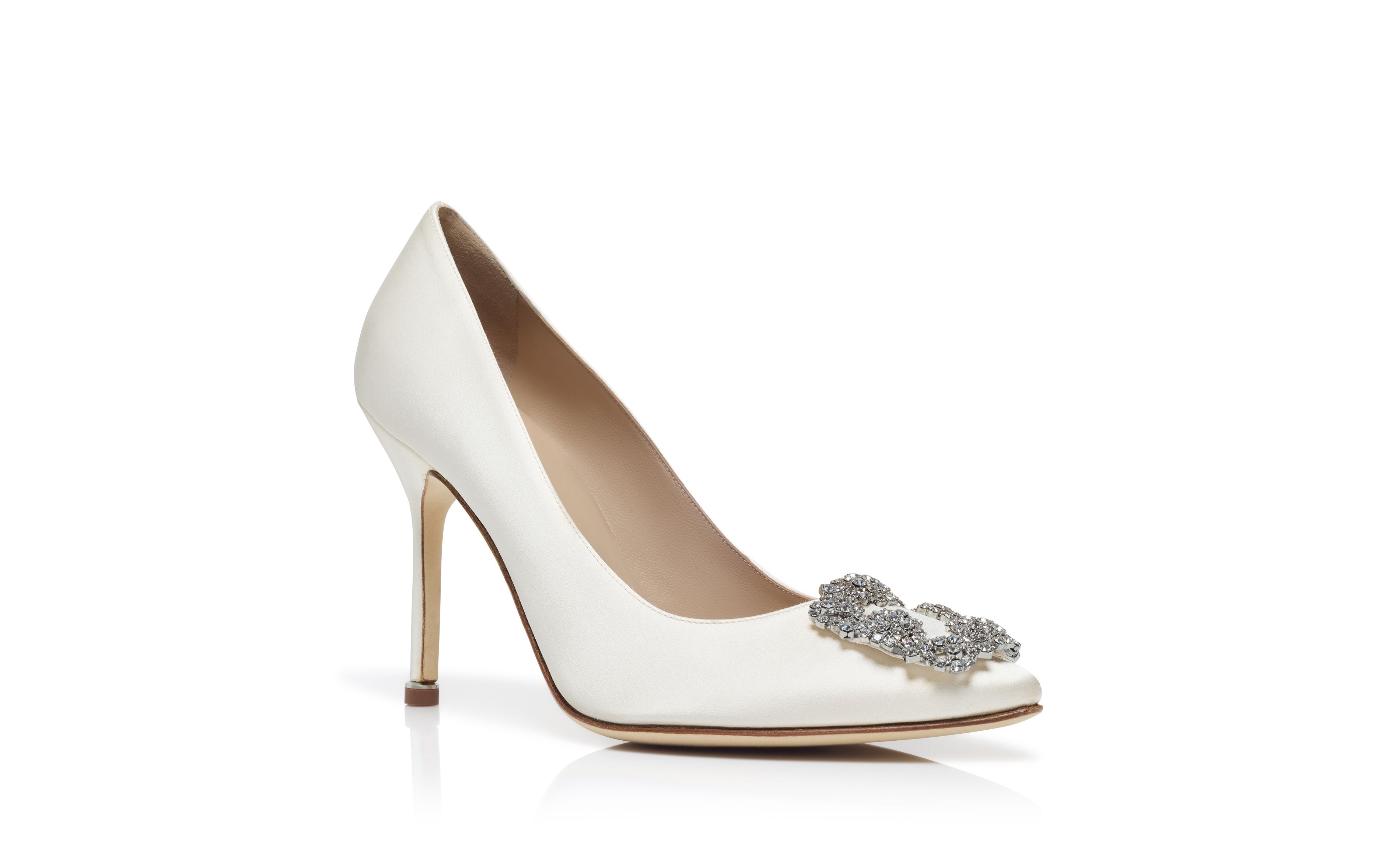 Designer Light Yellow Satin Jewel Buckle Pumps - Image Upsell View