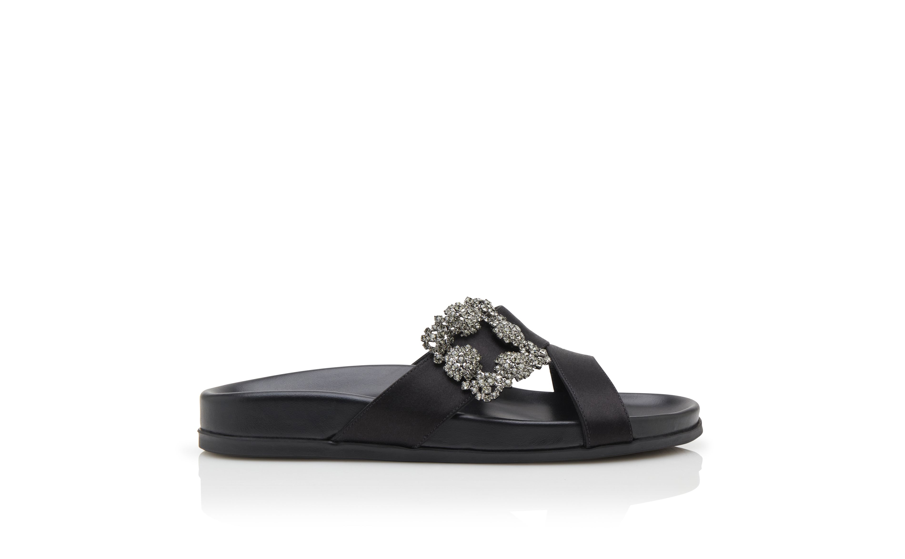 CHILANGHI | Black Satin Jewel Buckle Flat Mules | Manolo Blahnik