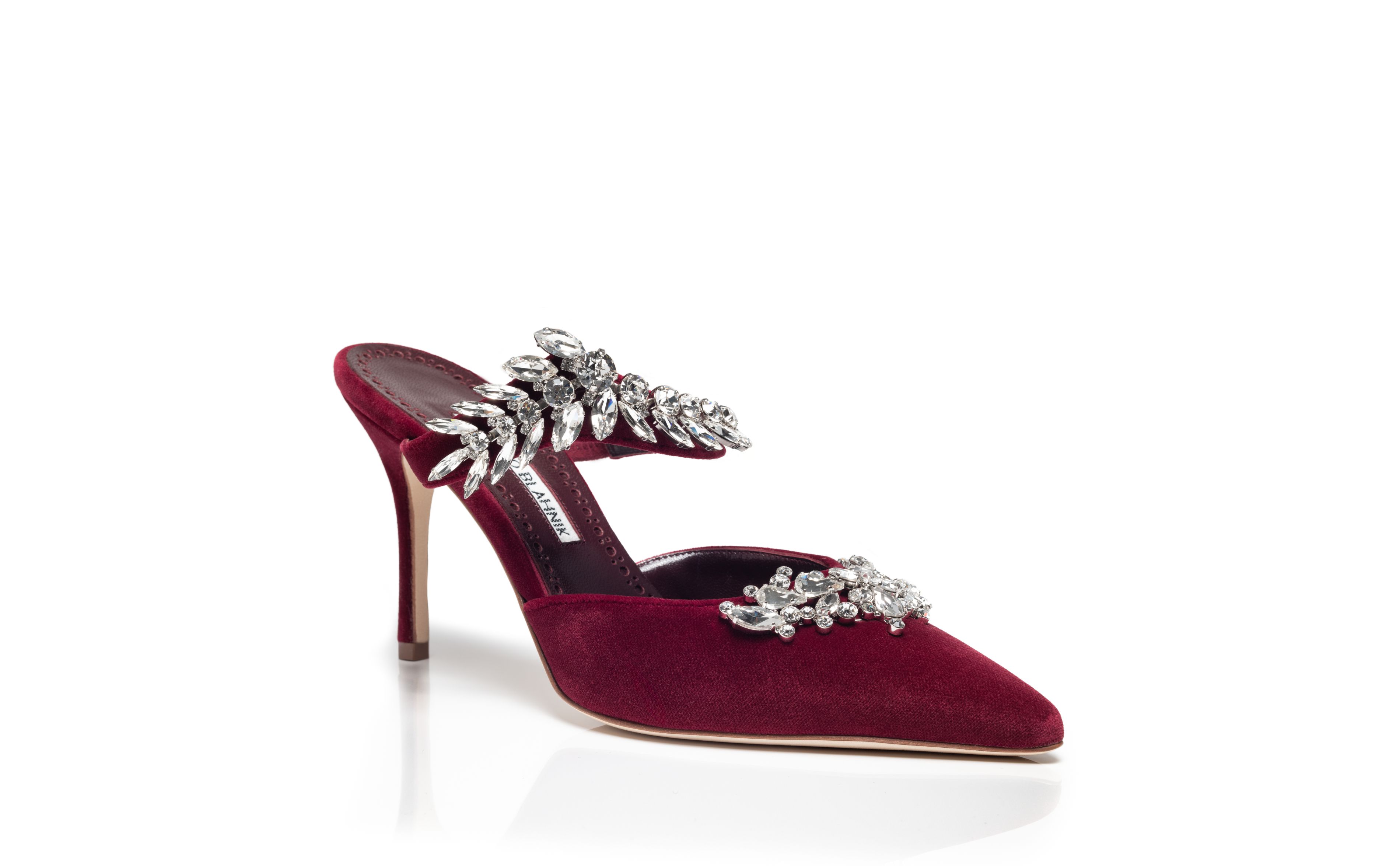 Designer Dark Red Velvet Crystal Embellished Mules - Image Upsell View