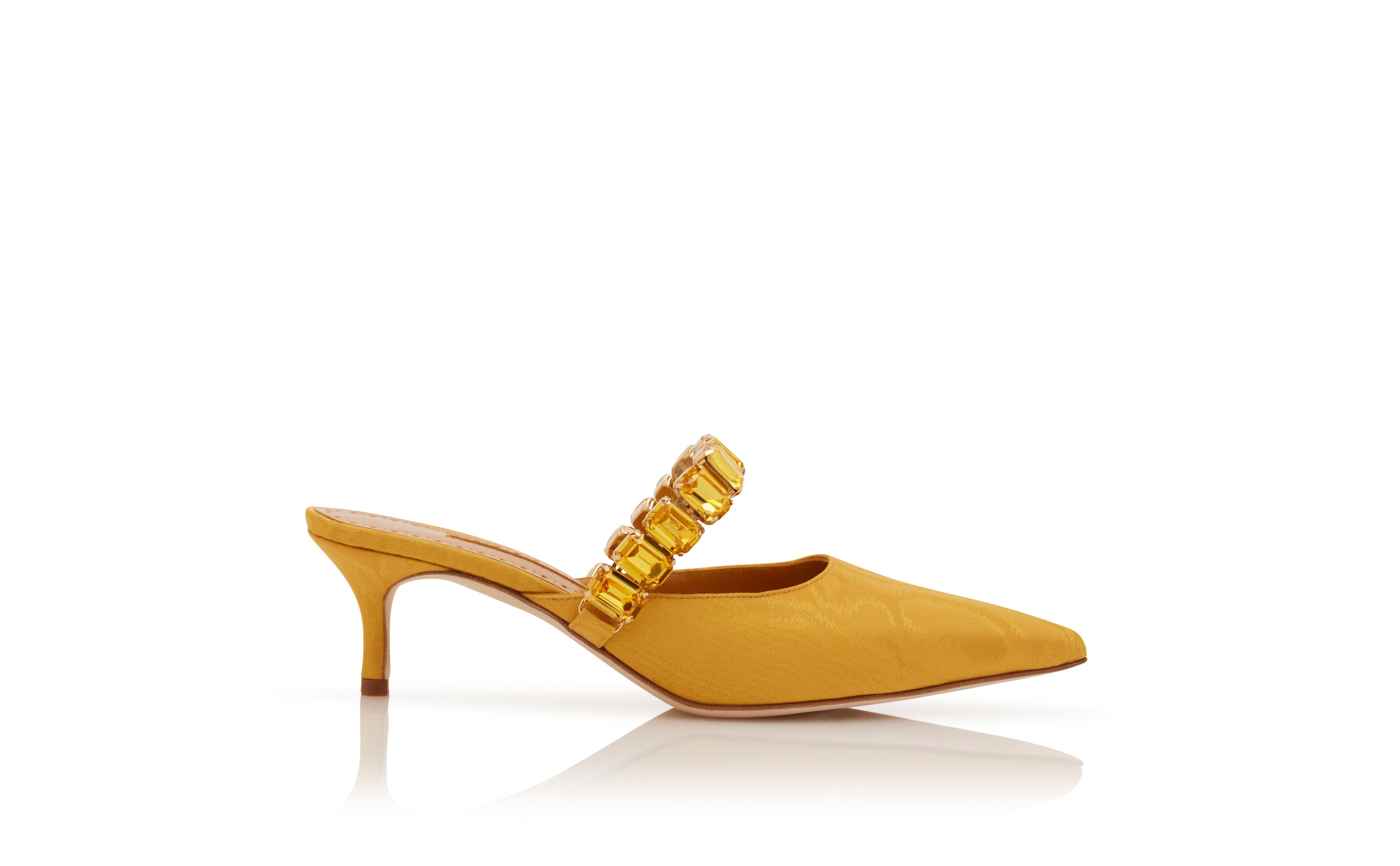 Designer Yellow Moire Jewel Strap Mules - Image Side View