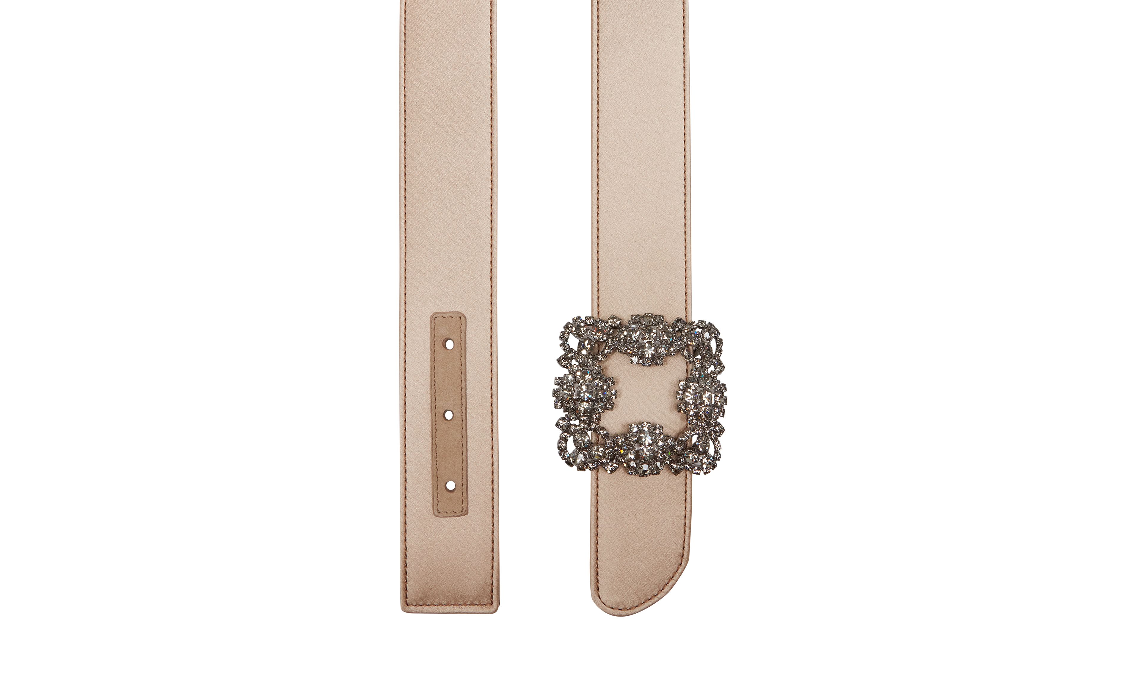 Designer Light Beige Satin Crystal Buckled Belt - Image 