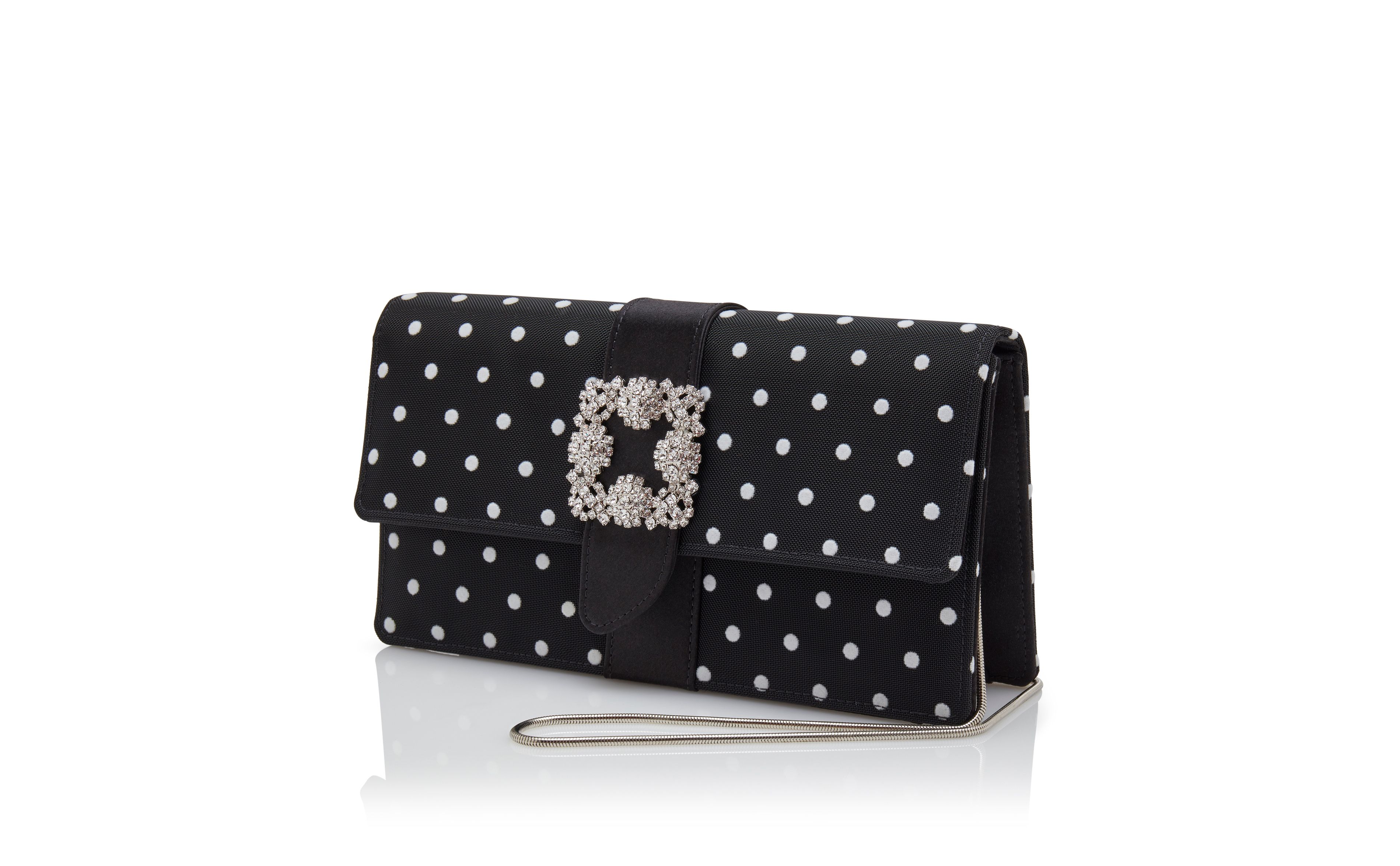 Designer Black and White Satin Jewel Buckle Clutch - Image 