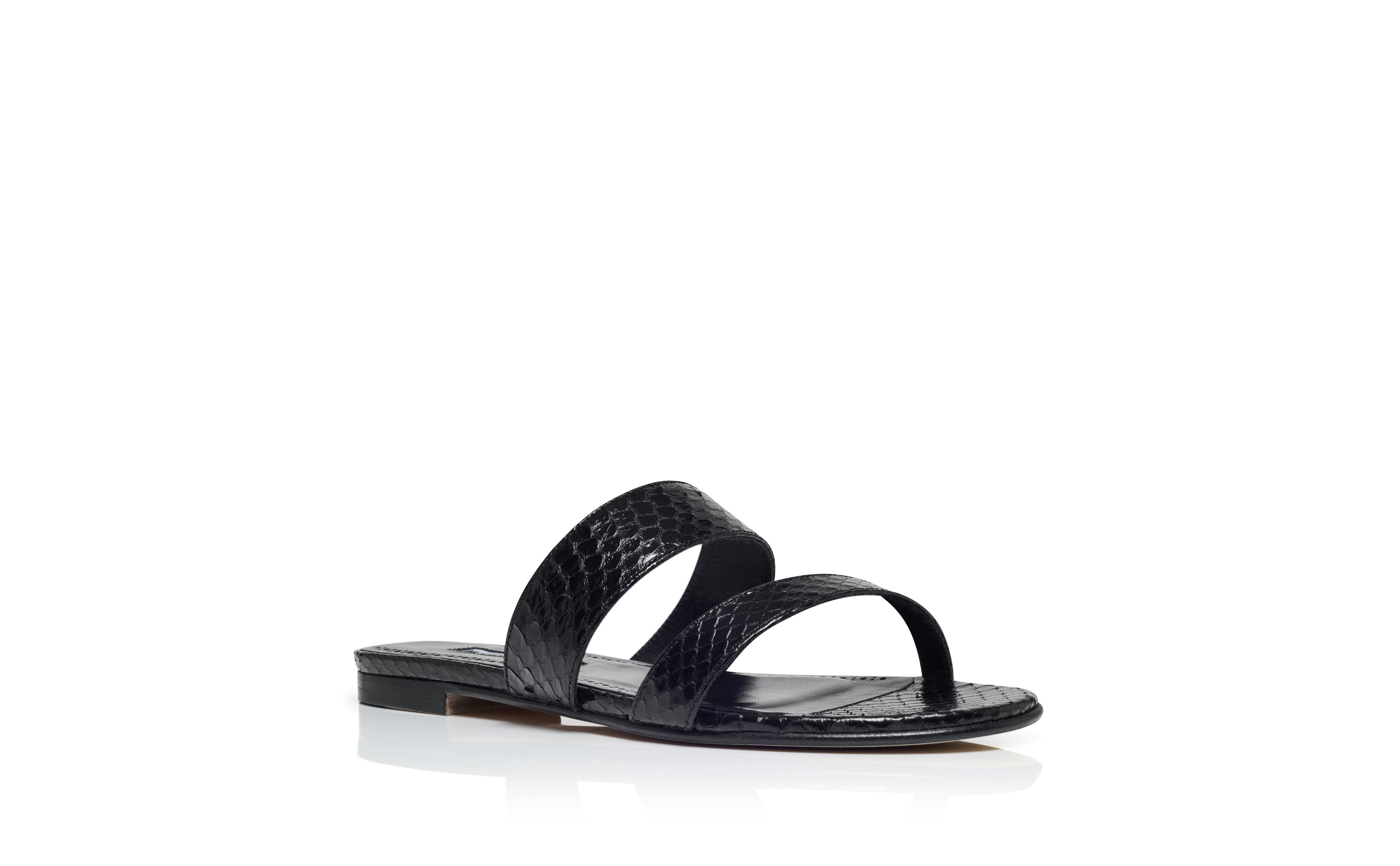 Designer Black Snakeskin Flat Sandals - Image Upsell