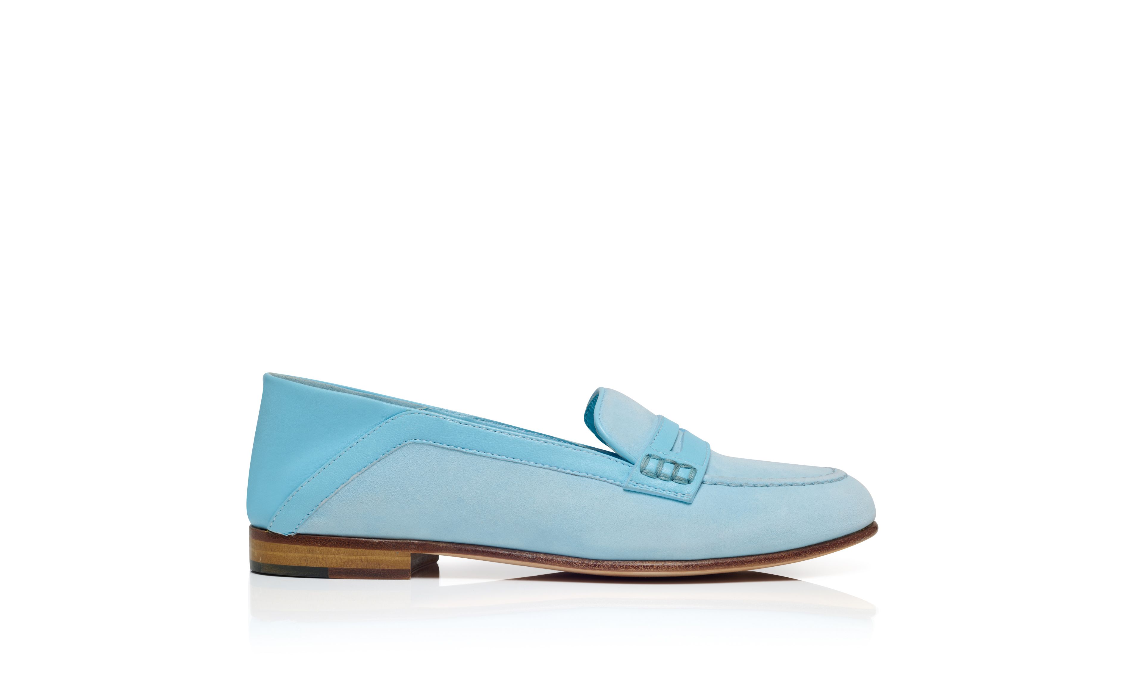 Designer Light Blue Suede Penny Loafers - Image Side View