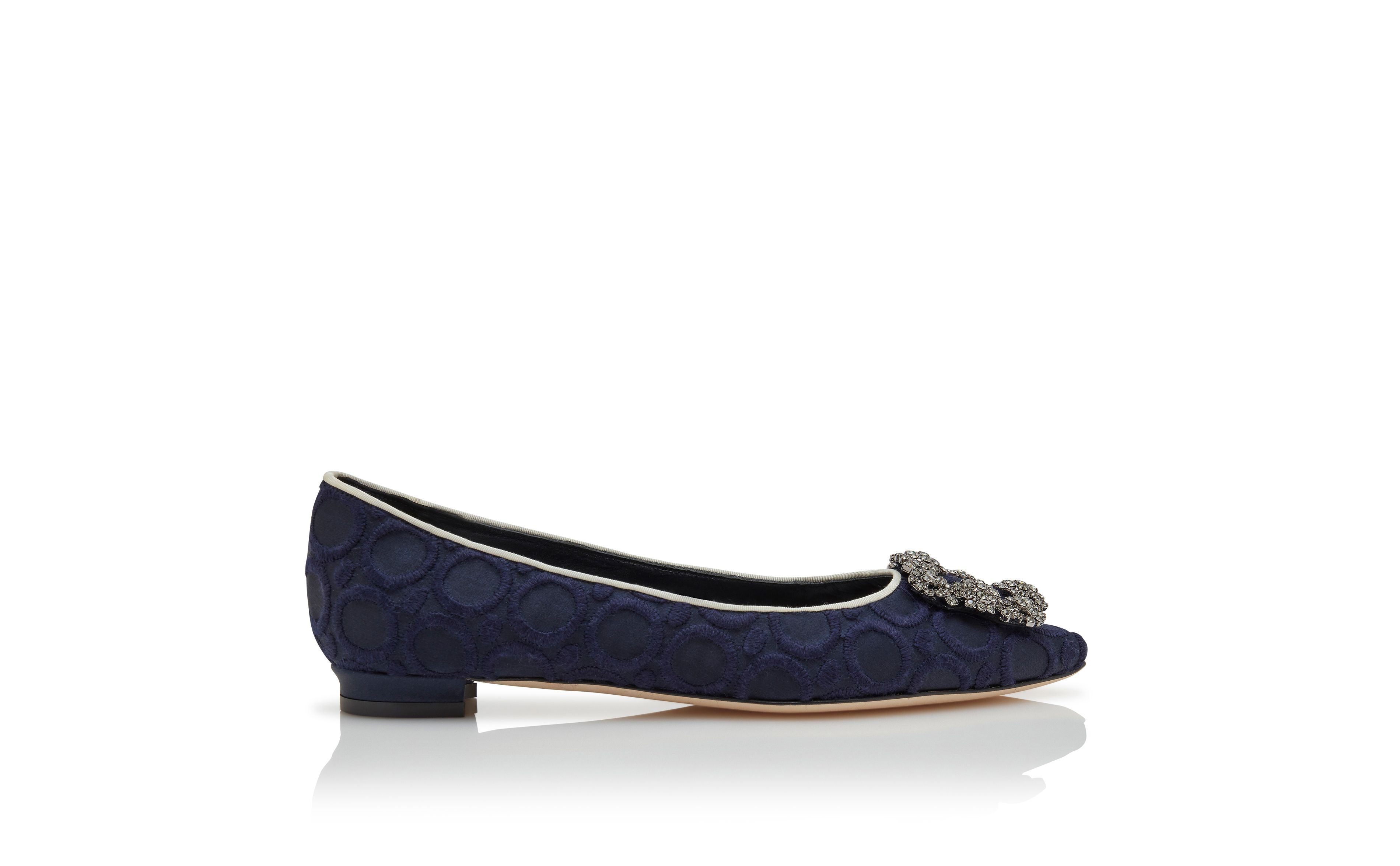 Designer Navy Blue Silk Jewel Buckle Flat Pumps - Image Side View