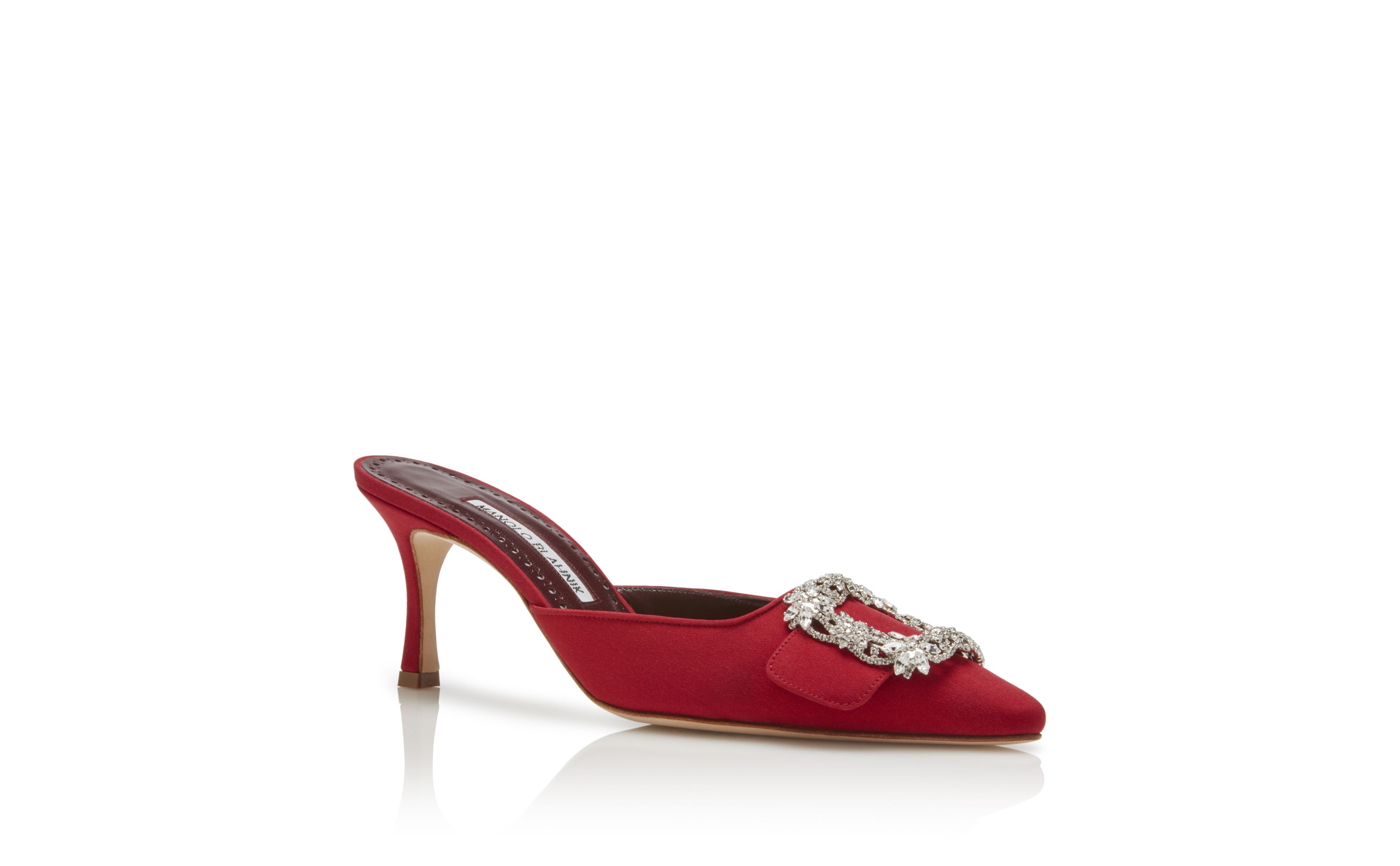 MAYSALE JEWEL | Red Crepe de Chine Jewel Buckled Mules | Manolo 