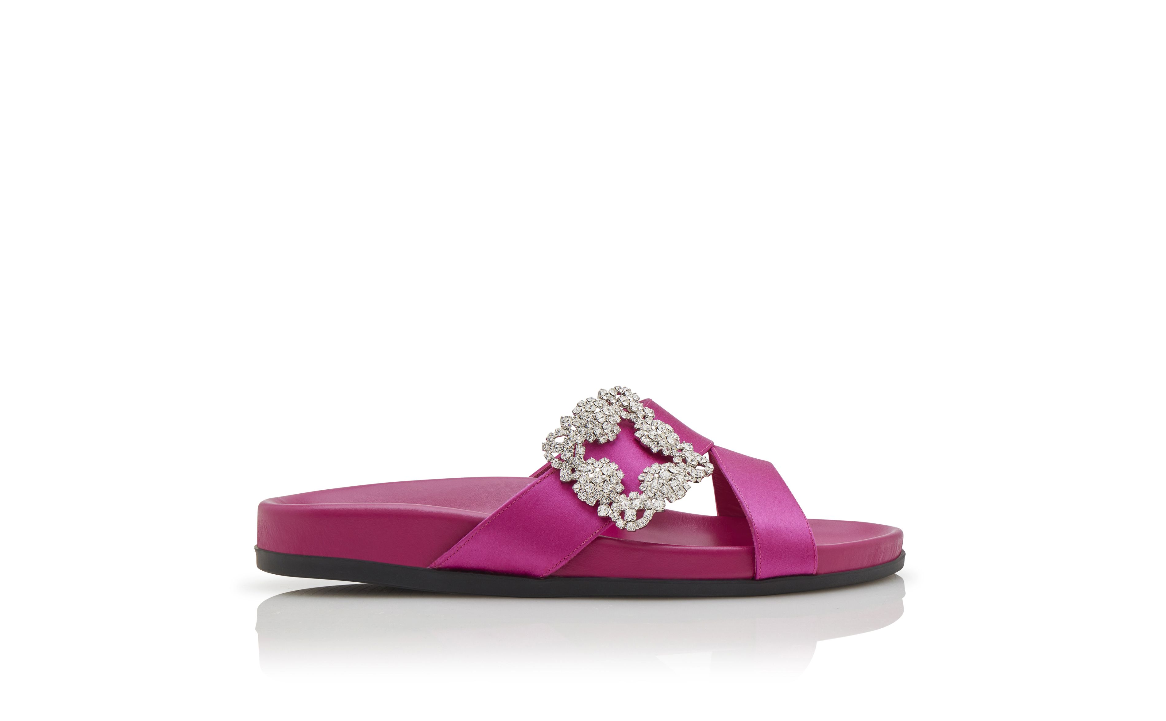 Designer Fuchsia Satin Jewel Buckle Flat Mules - Image Side View