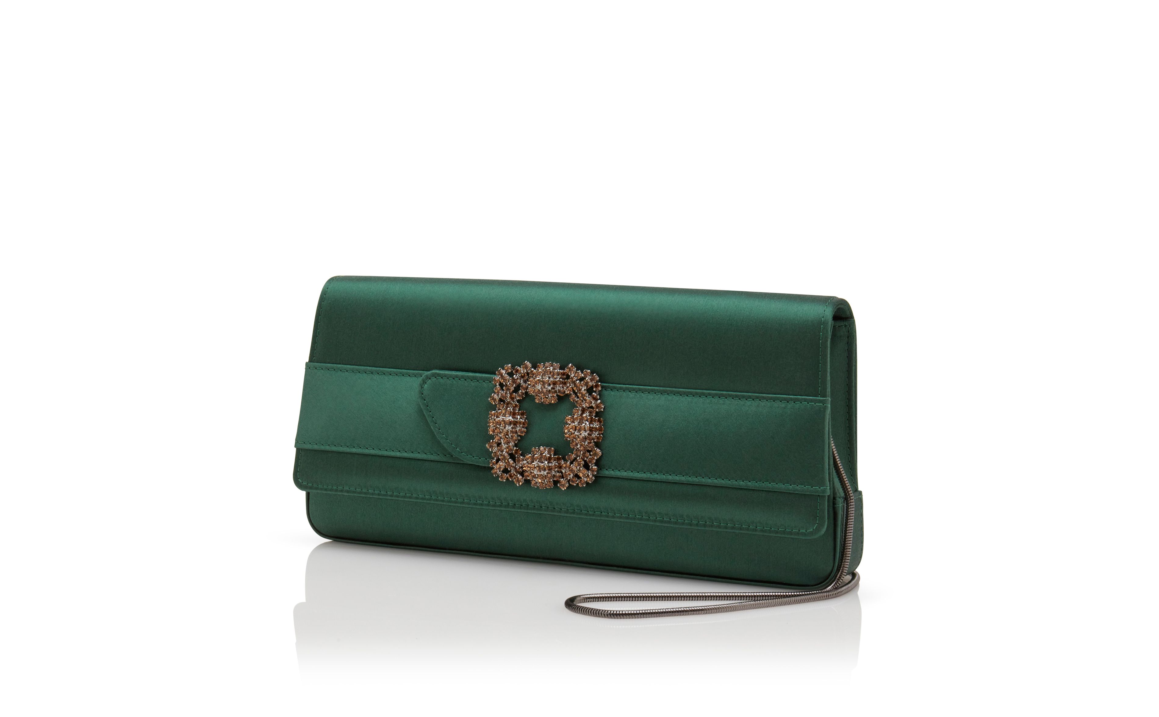 Designer Dark Green Satin Jewel Buckle Clutch - Image 
