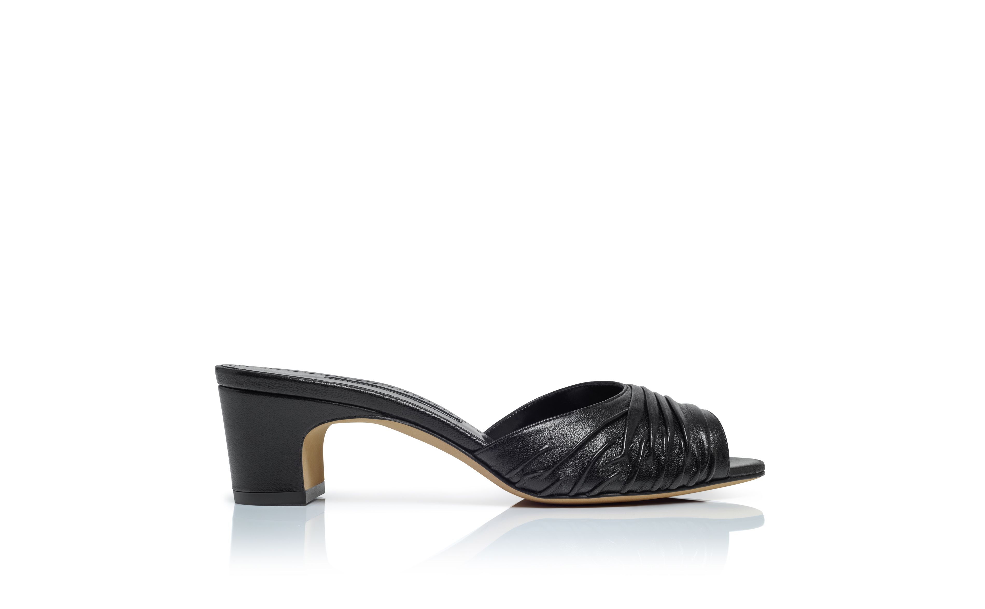 Designer Black Nappa Leather Ruched Open Toe Mules - Image Side View