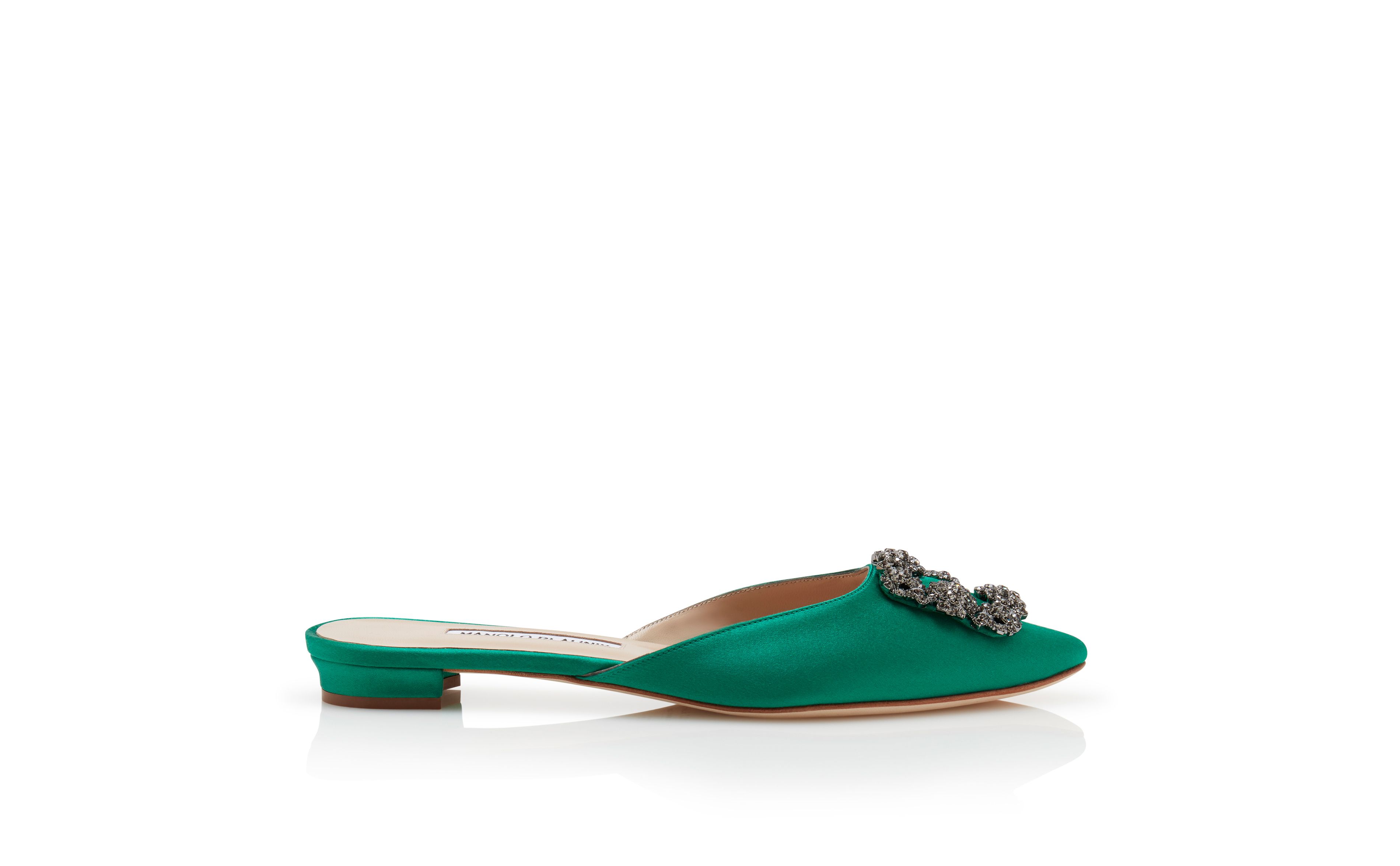 Designer Green Satin Jewel Buckle Flat Mules - Image thumbnail