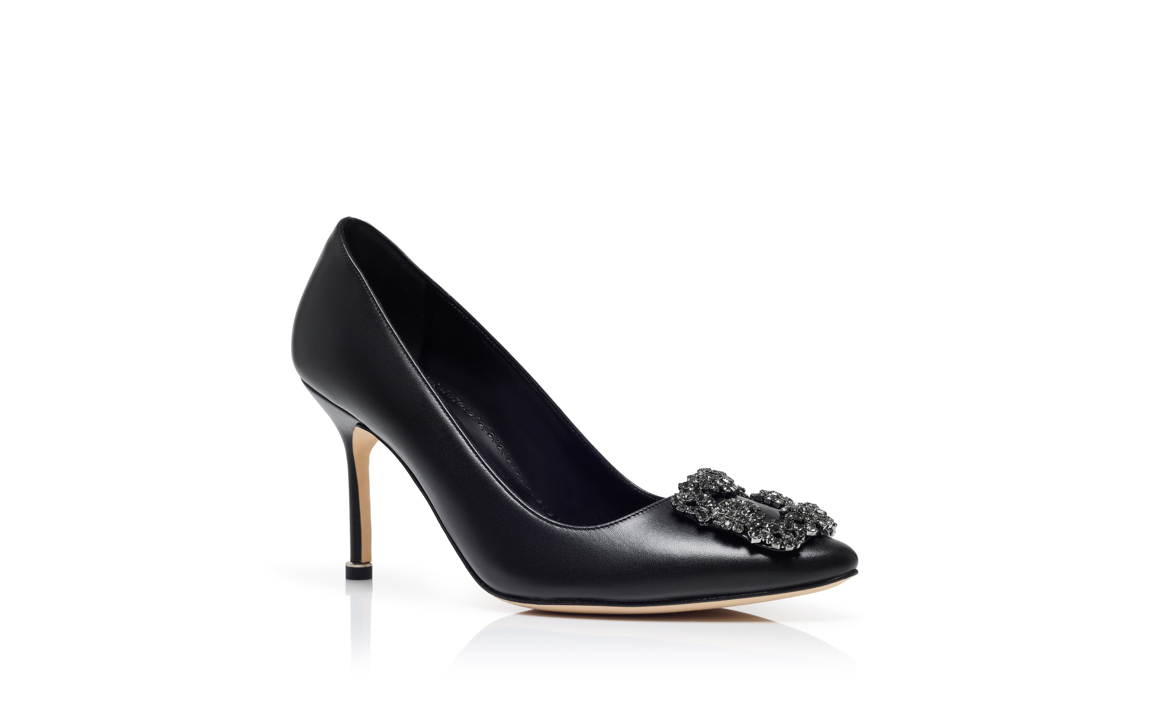 Designer Black Leather Jewel Buckle Pumps - Image Upsell View