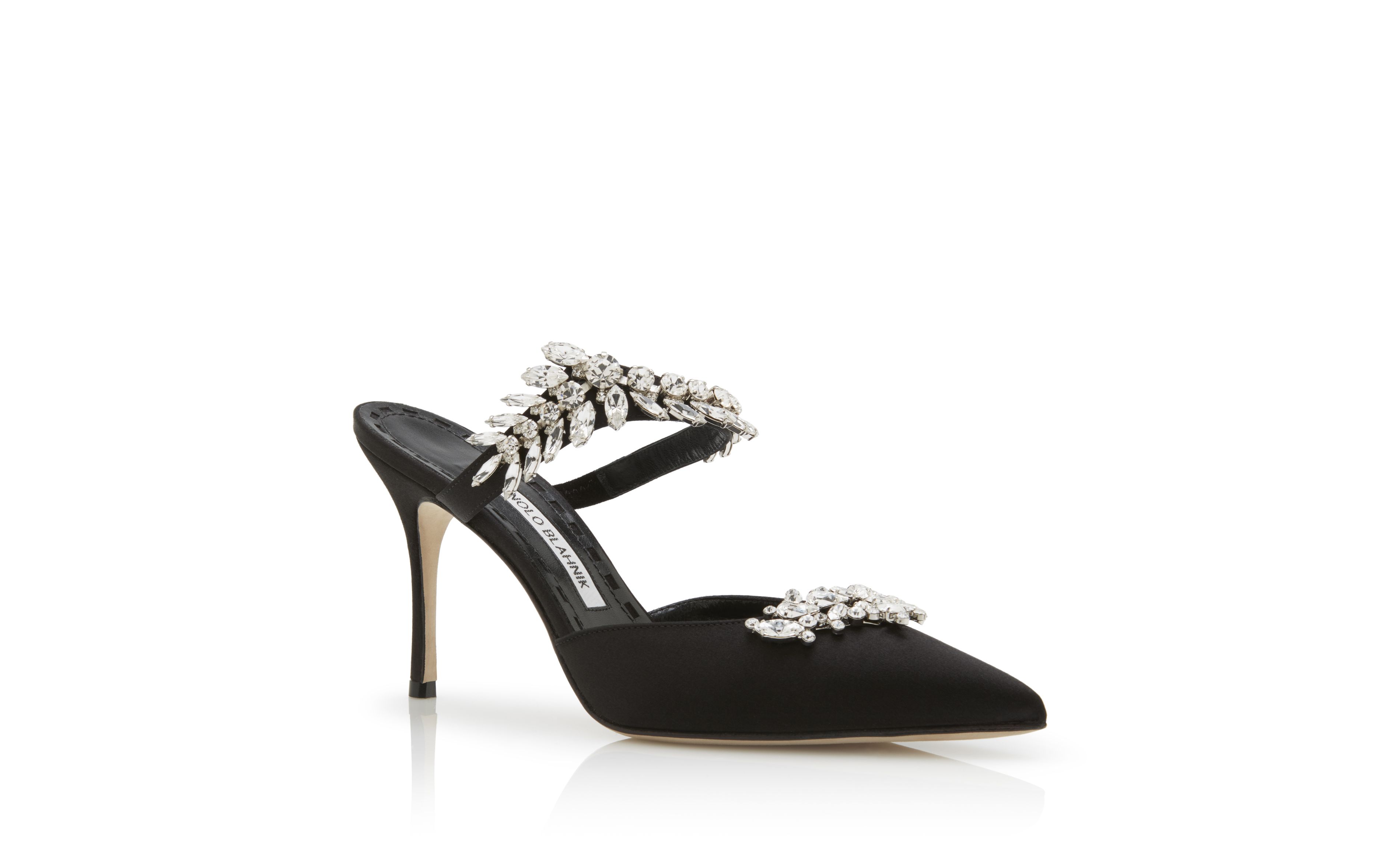 Designer Black Satin Crystal Embellished Mules - Image Upsell