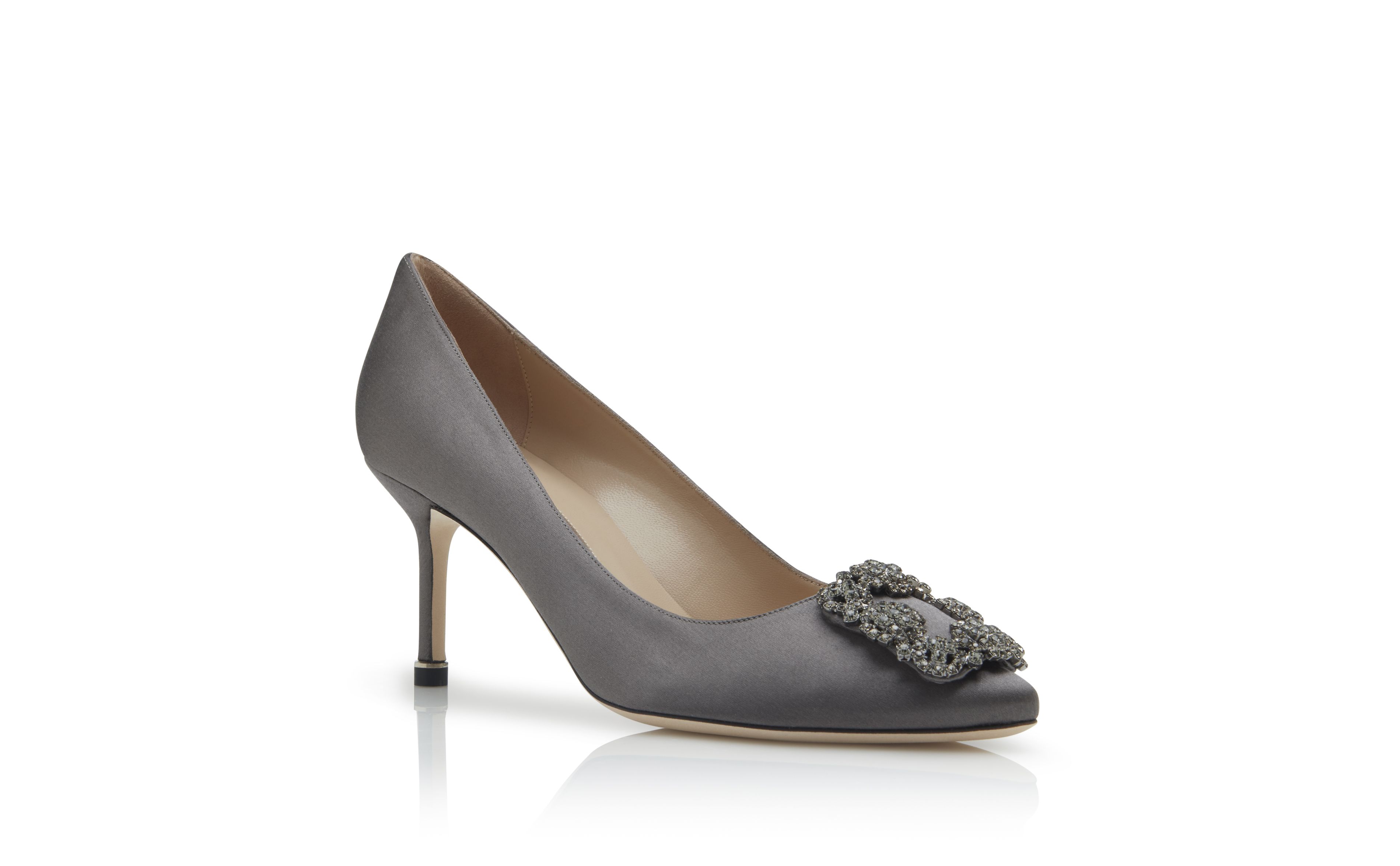 Designer Dark Grey Satin Jewel Buckle Pumps - Image Upsell