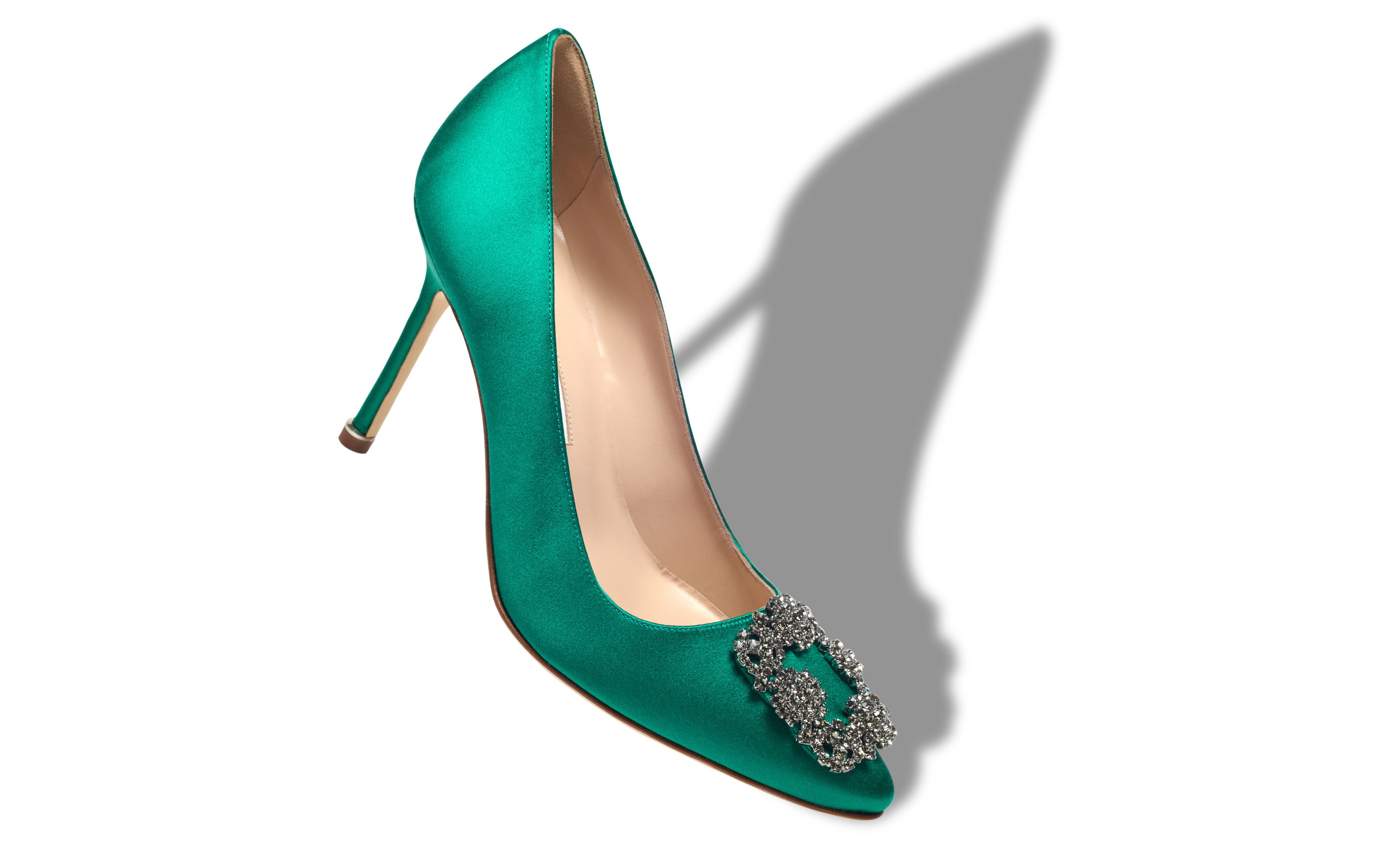 Designer Green Satin Jewel Buckle Pumps - Image Main