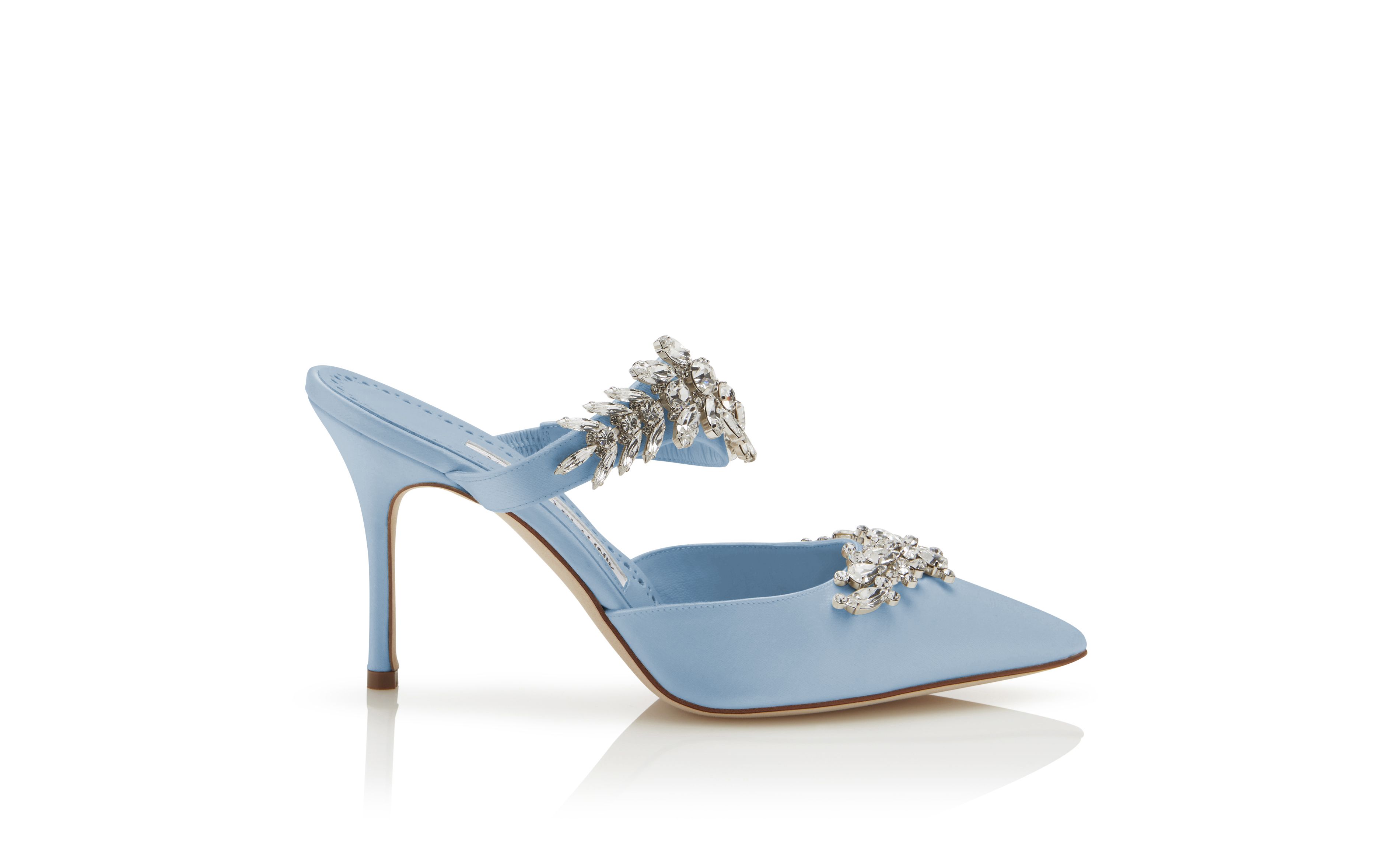 Designer Light Blue Satin Crystal Embellished Mules - Image Side View