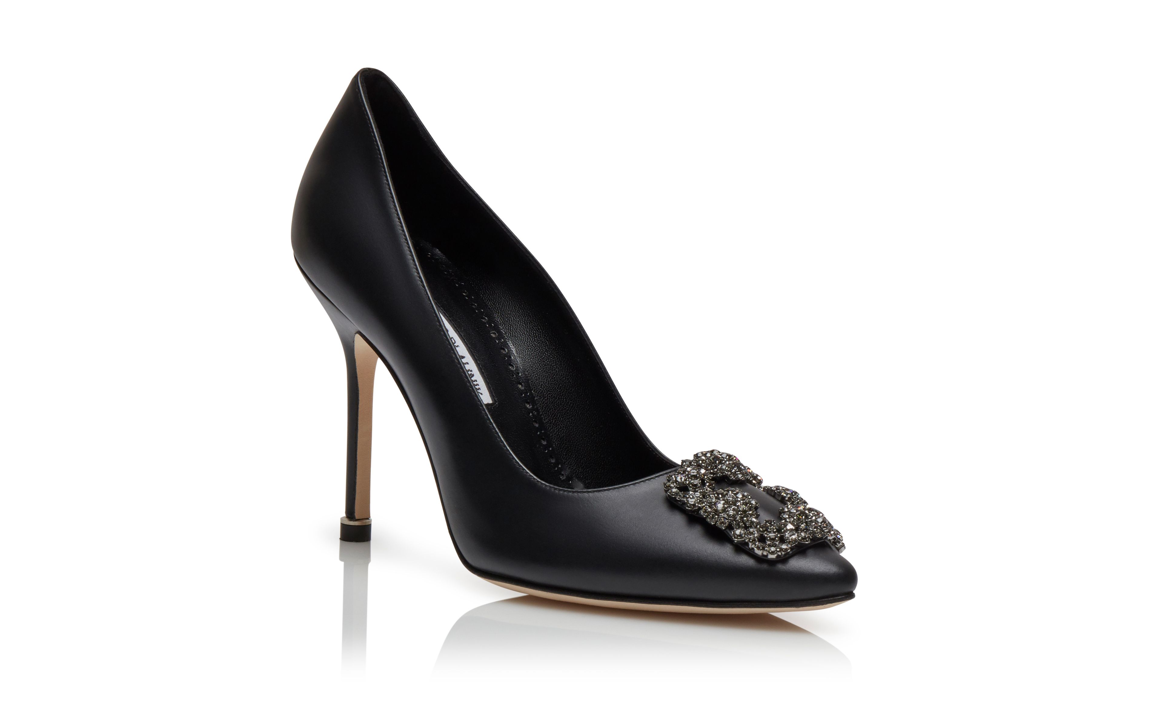 Designer Black Calf Leather Jewel Buckle Pumps - Image Upsell