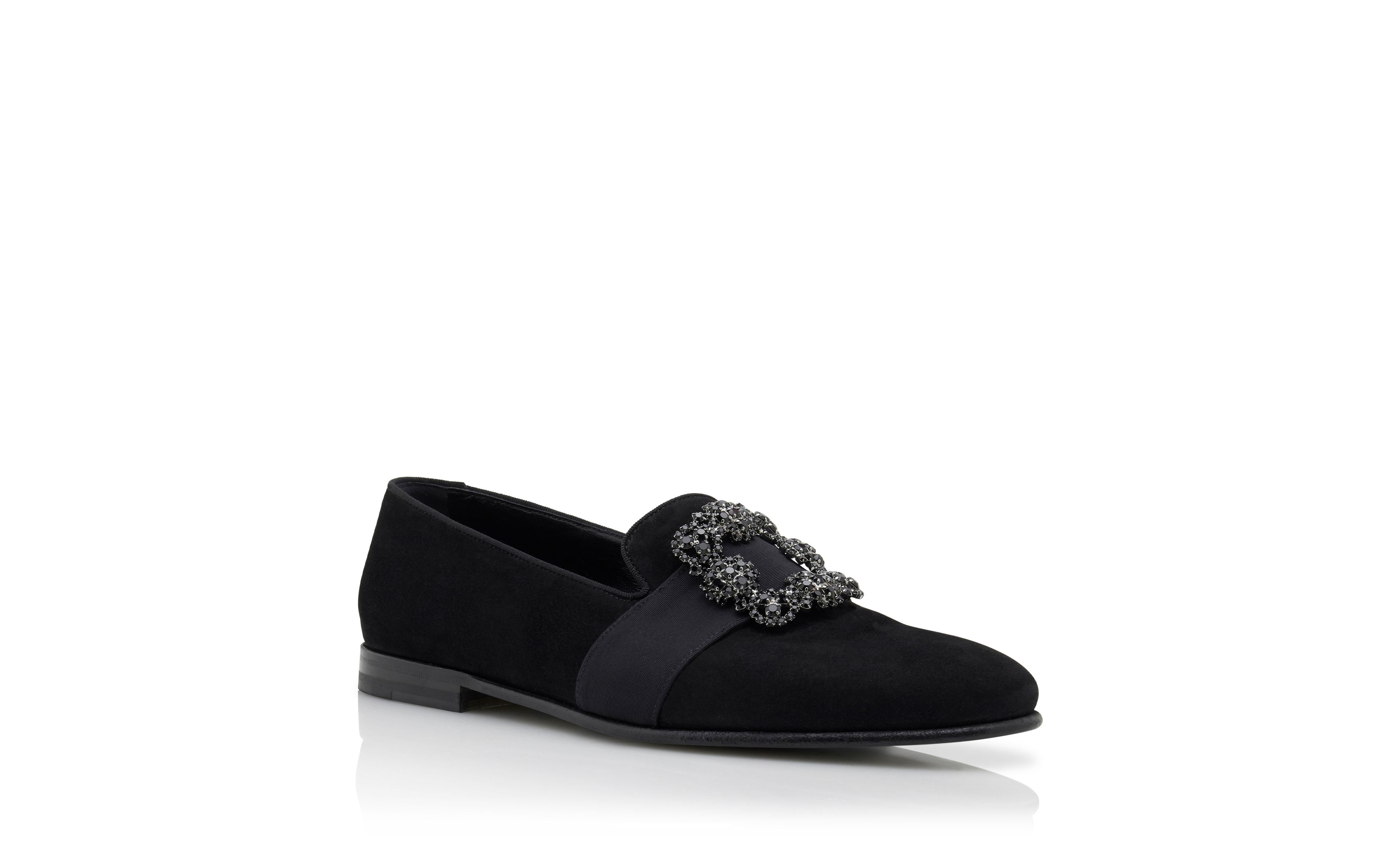 Designer Black Suede Jewel Buckled Loafers - Image Upsell