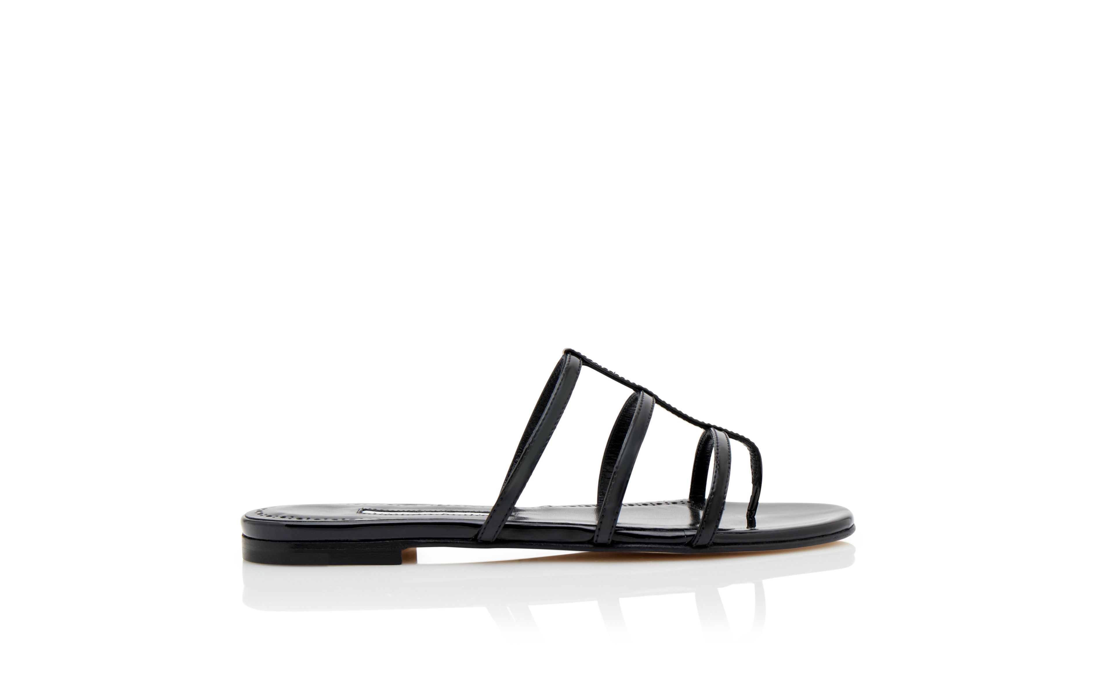Designer Black Patent Leather Strappy Flat Sandals  - Image Side View