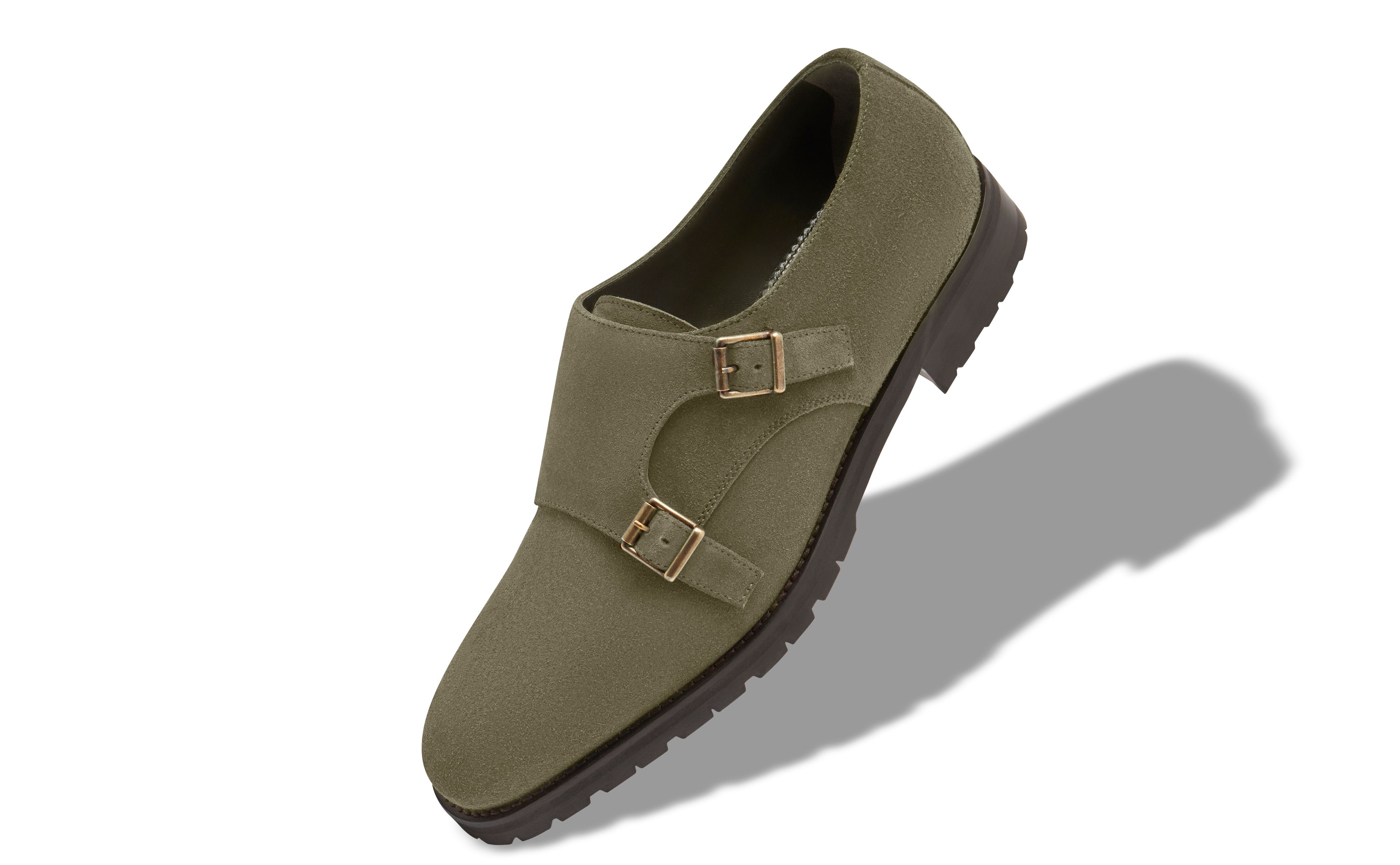 Designer Khaki Green Suede Monk Strap Shoes - Image Main