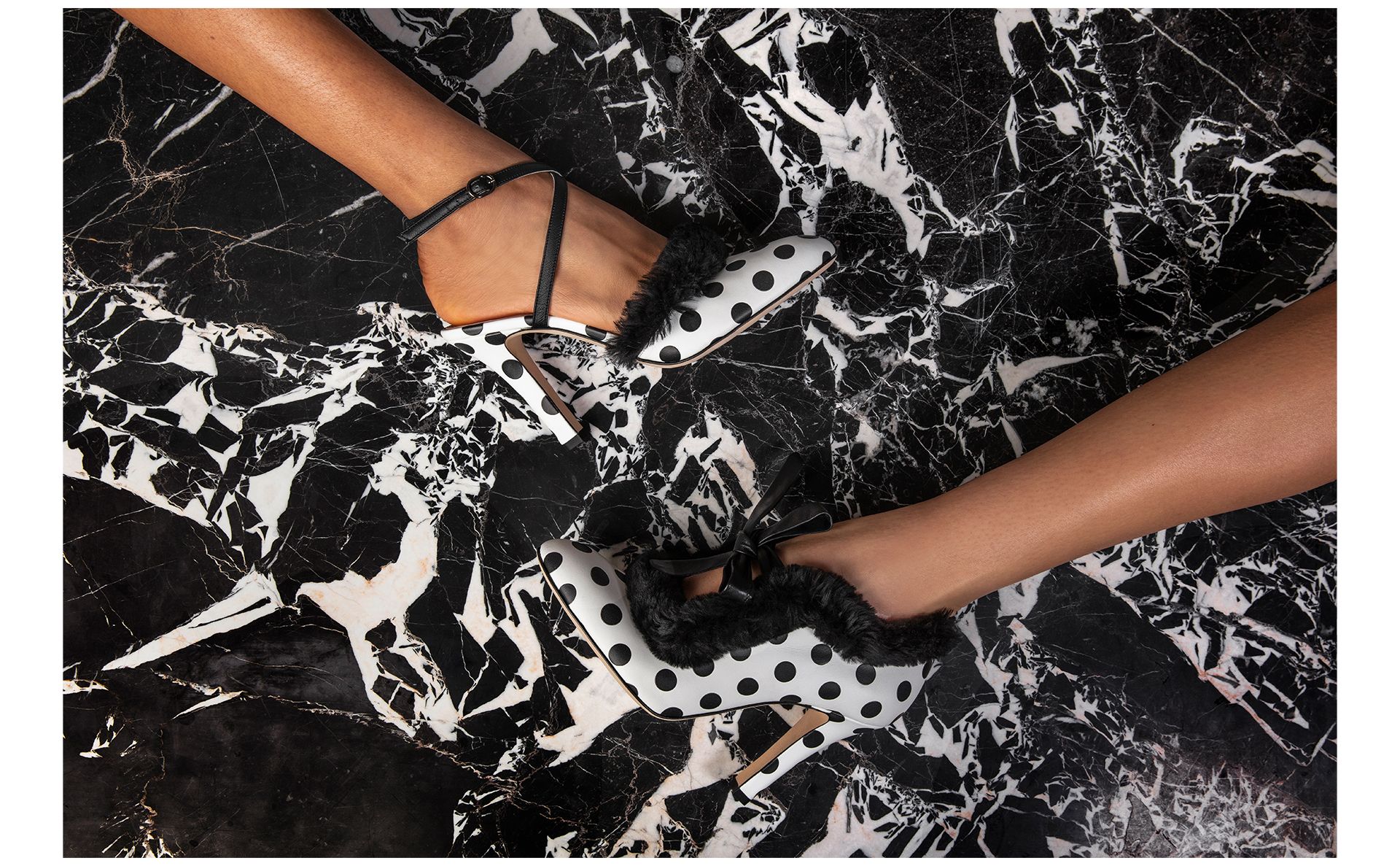 Designer Monochrome Crepe De Chine Polka Dot Pumps - Image 