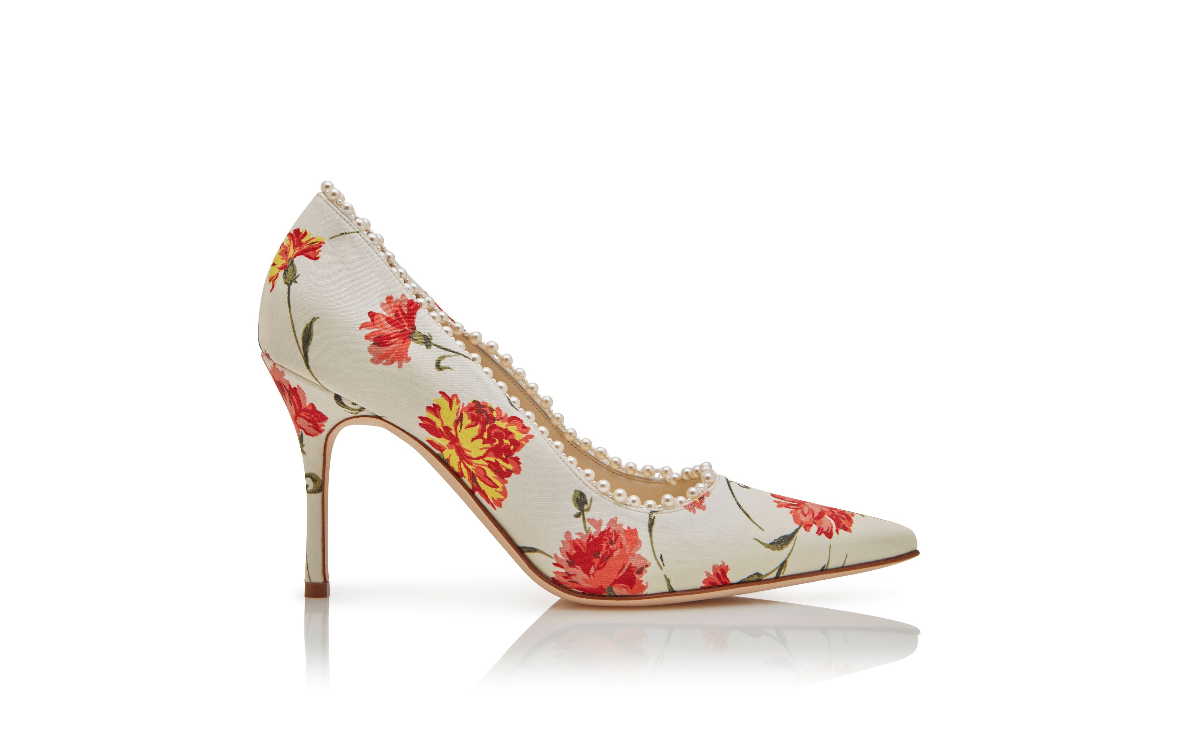 Designer Ivory Satin Pearl Detail Pumps - Image Side View