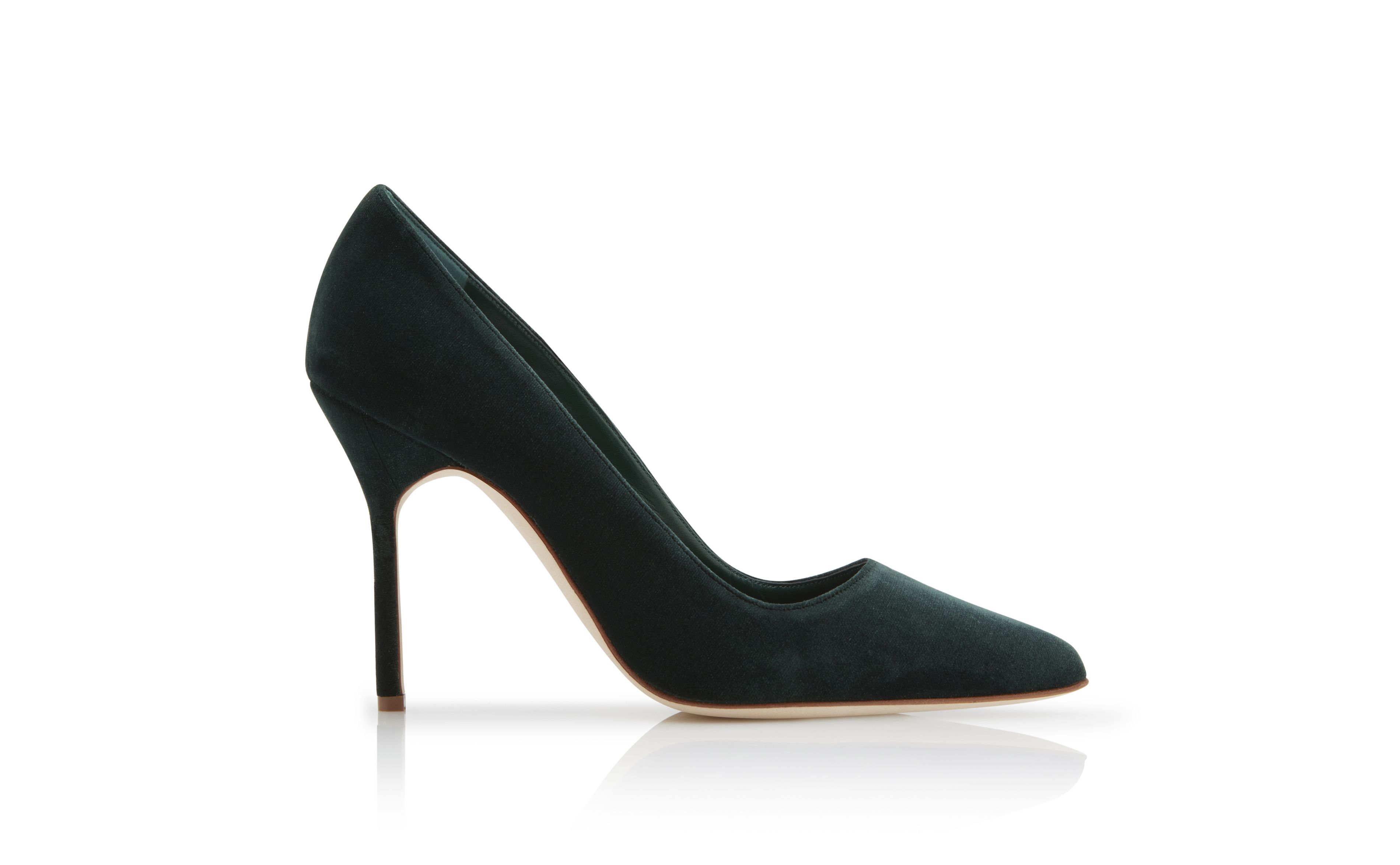 Designer Dark Green Velvet Pointed Toe Pumps - Image Side View