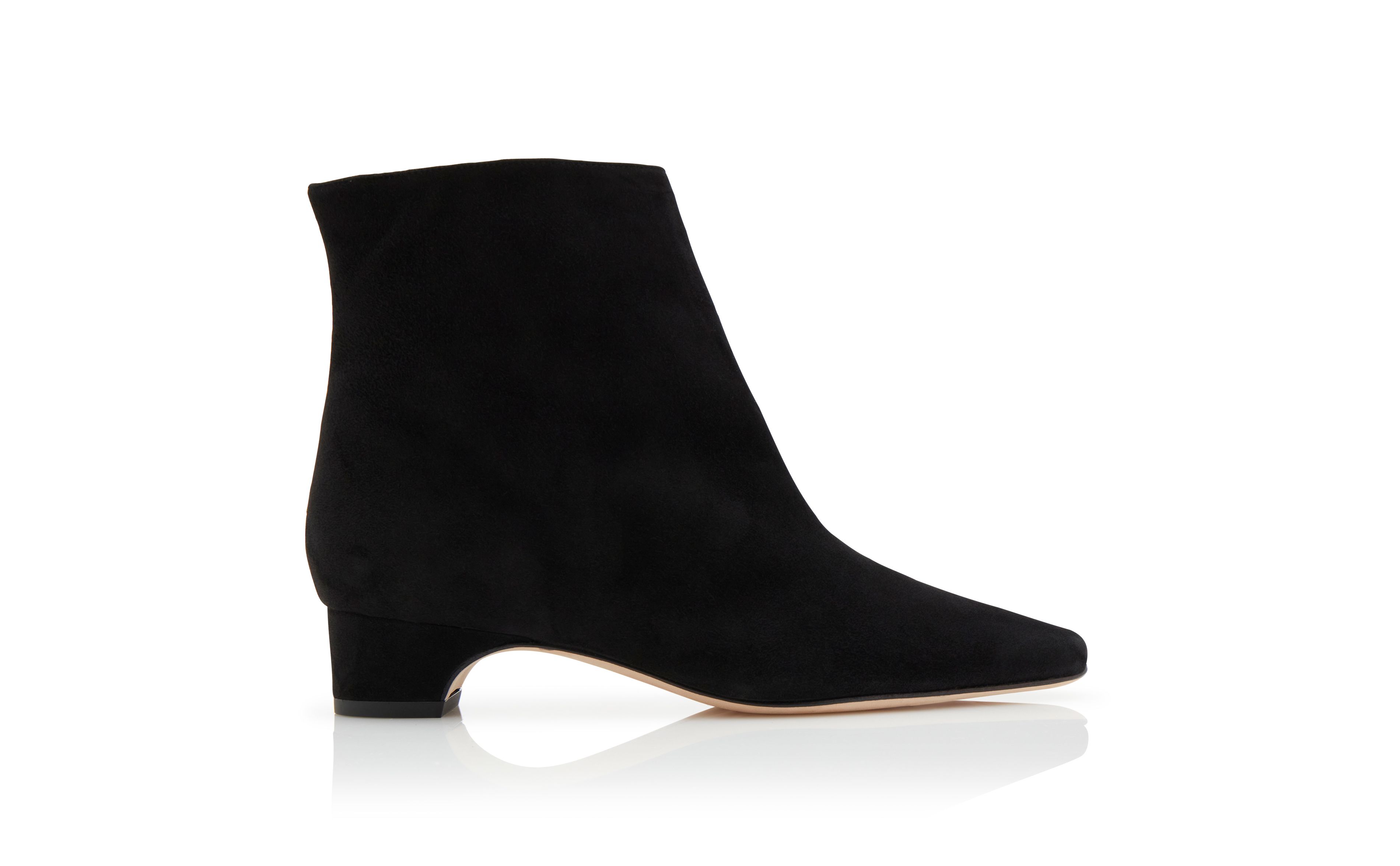 Designer Black Suede Block Heel Ankle Boots - Image Side View