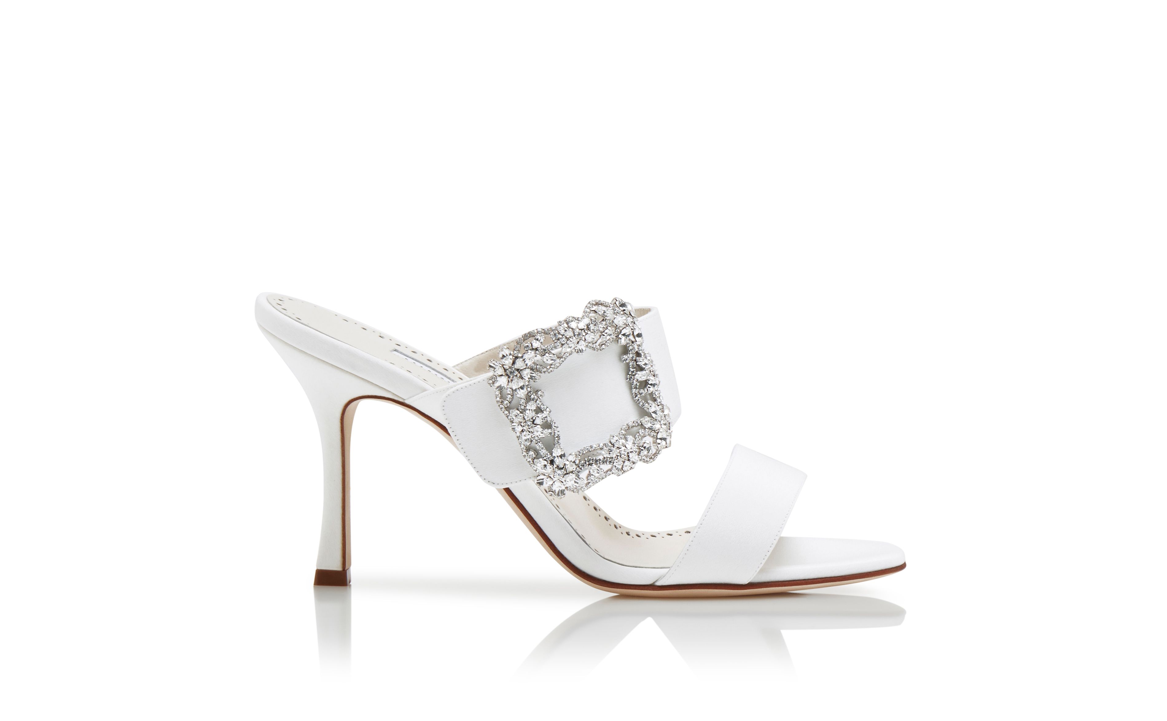 Designer White Crepe de Chine Jewel Buckle Mules - Image thumbnail