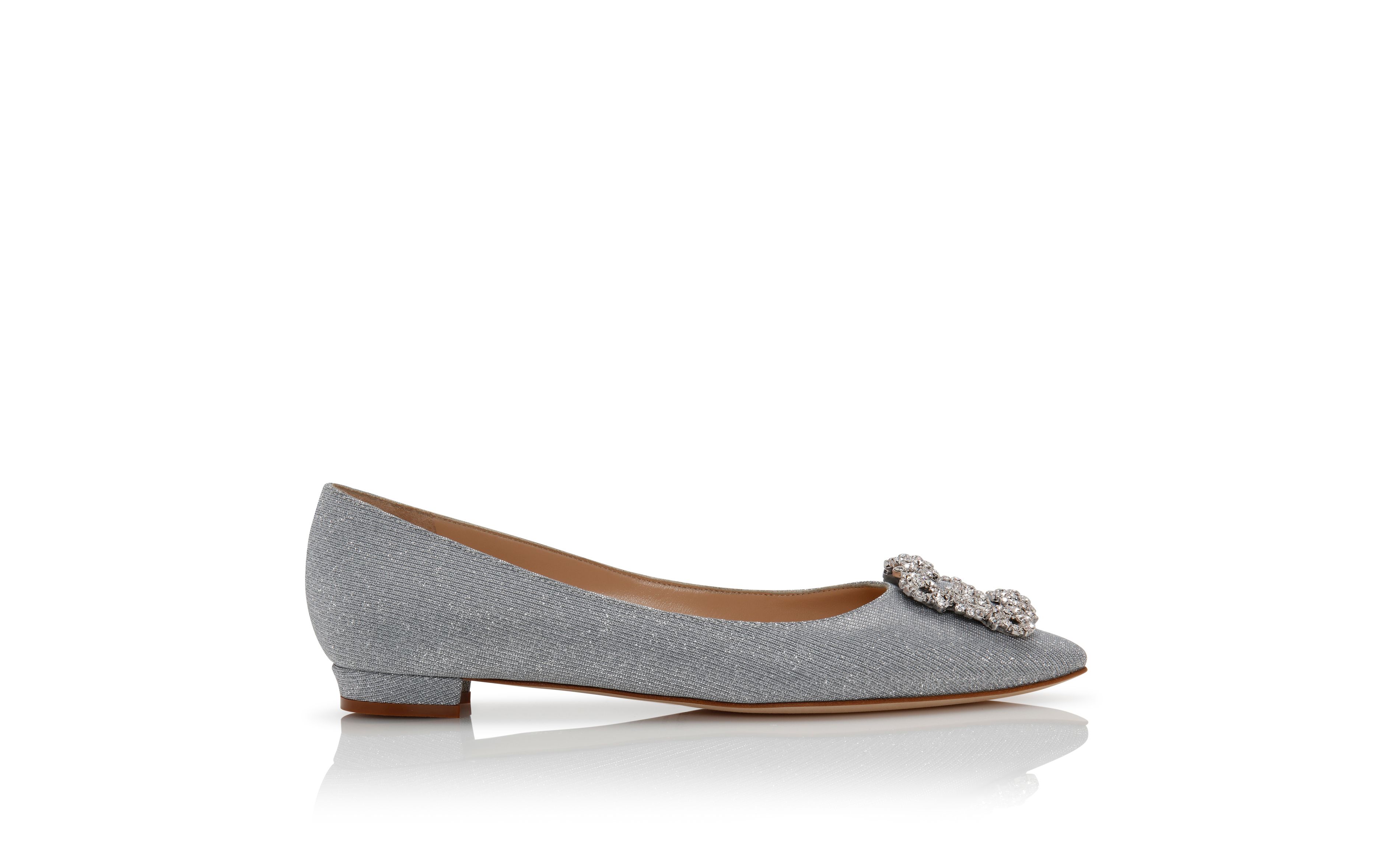 Designer Silver Glitter Fabric Jewel Buckle Flat Pumps - Image thumbnail