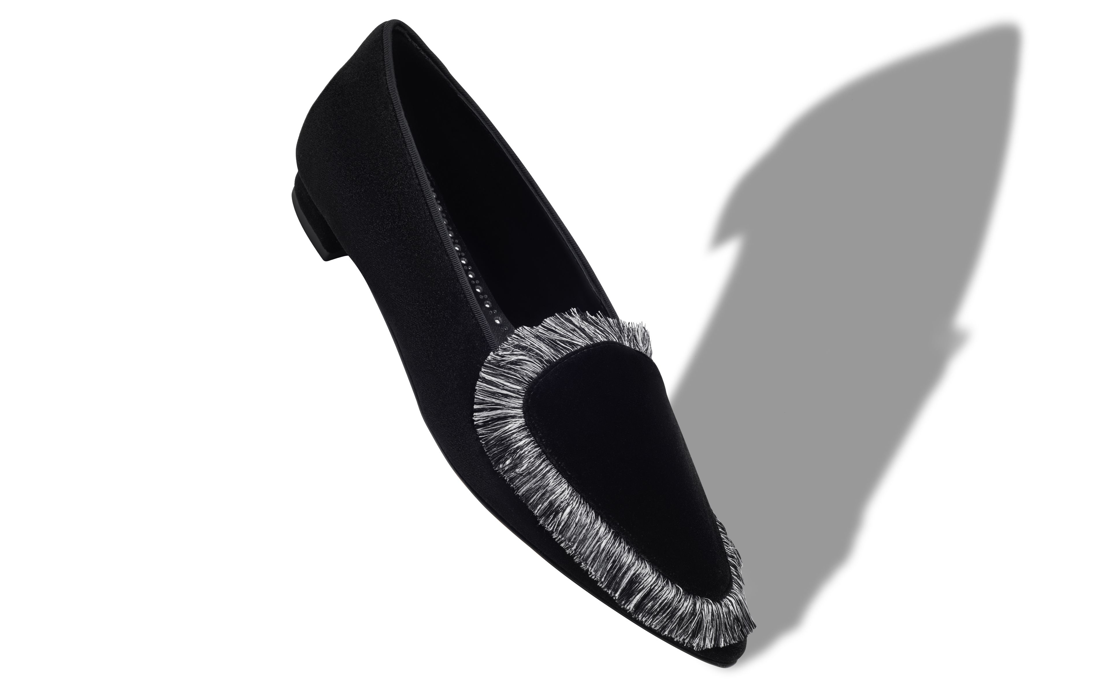 Designer Black Velvet Fringe Detail Loafers - Image Main View