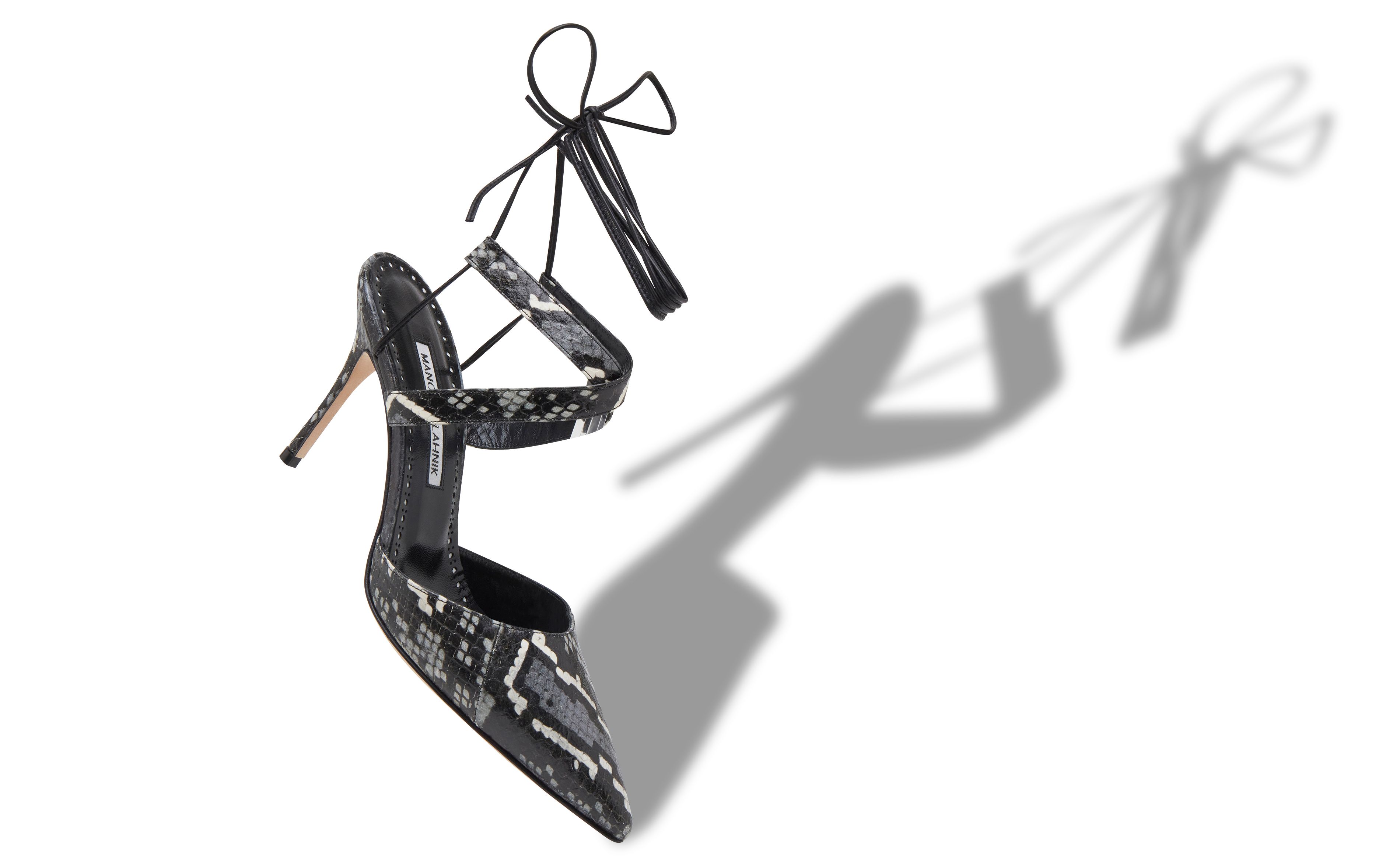Designer Black and White Snakeskin Ankle Tie Pumps - Image Main