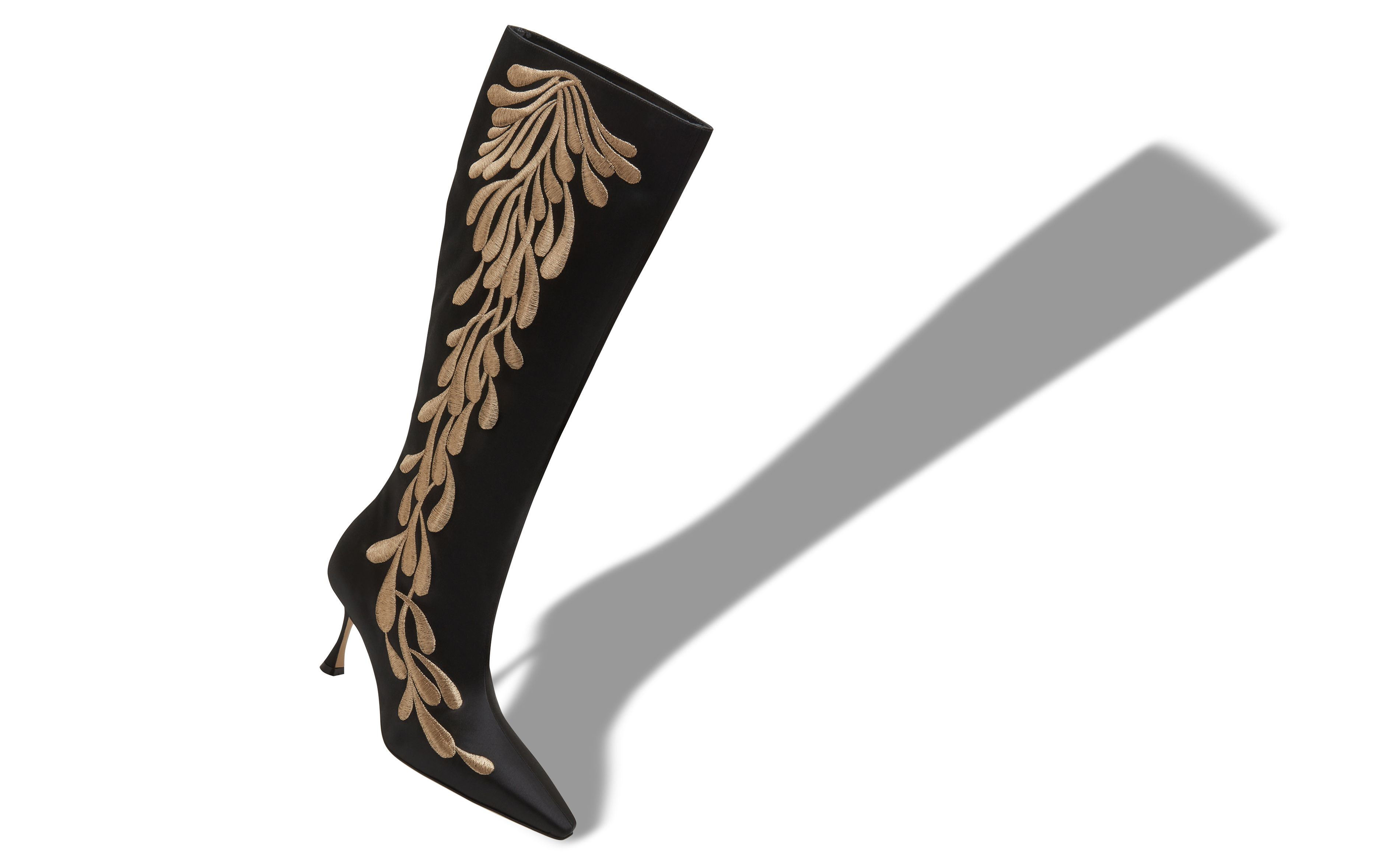 Designer Black and Gold Satin Knee High Boots - Image Main View